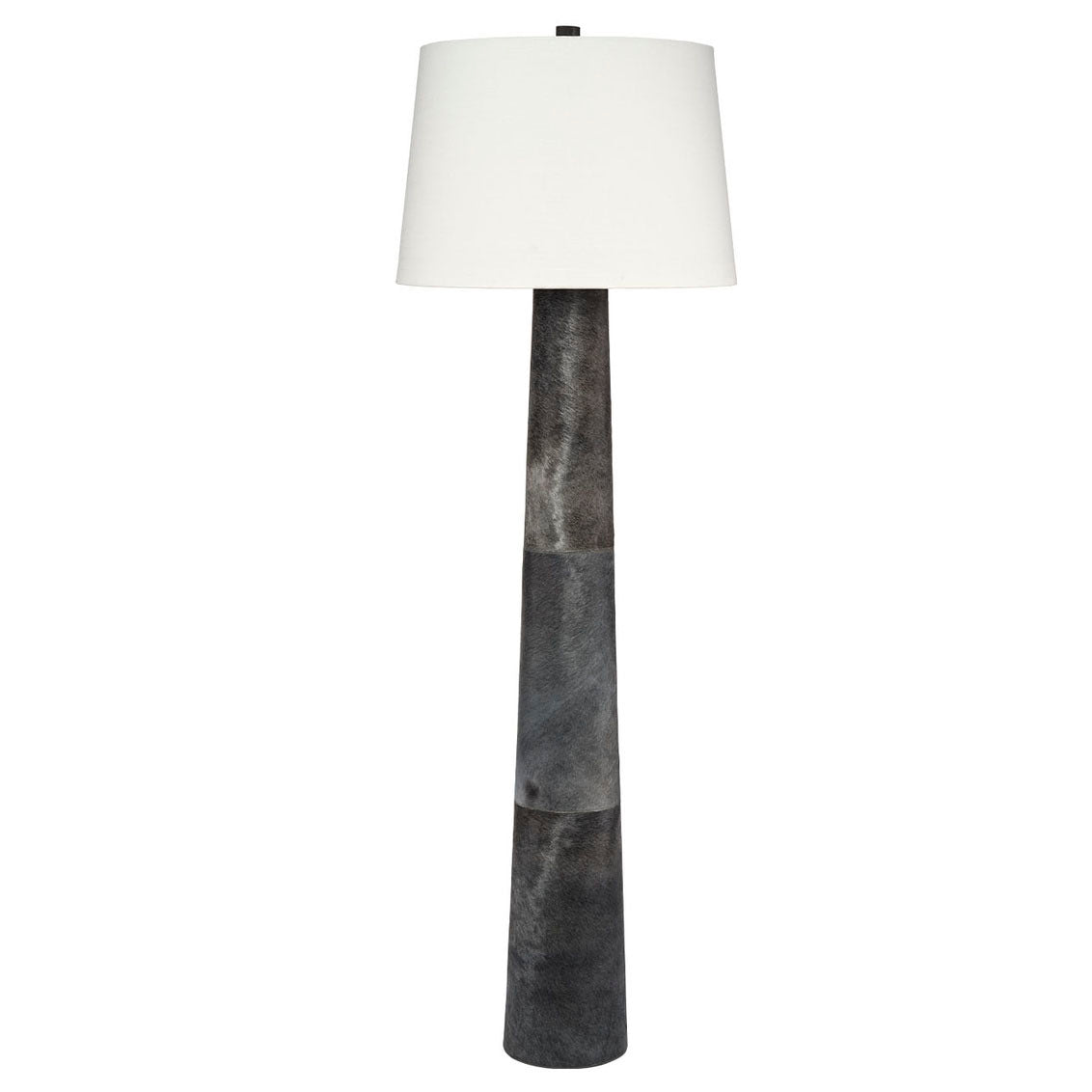 Floor lamp with a dark gray leather base and white shade on a white background