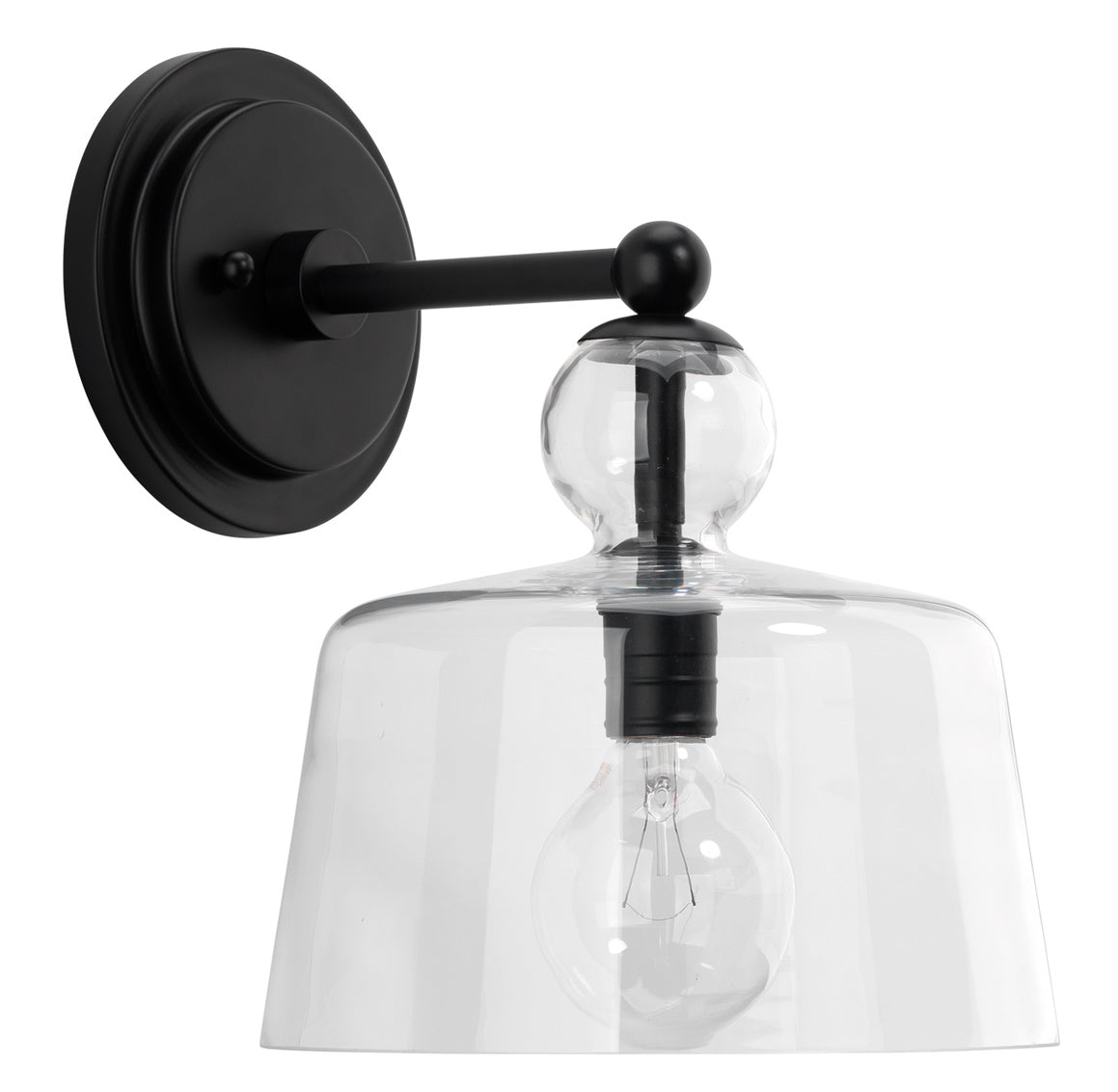 Wall-mounted light fixture with black metal arm and clear glass shade on a white background