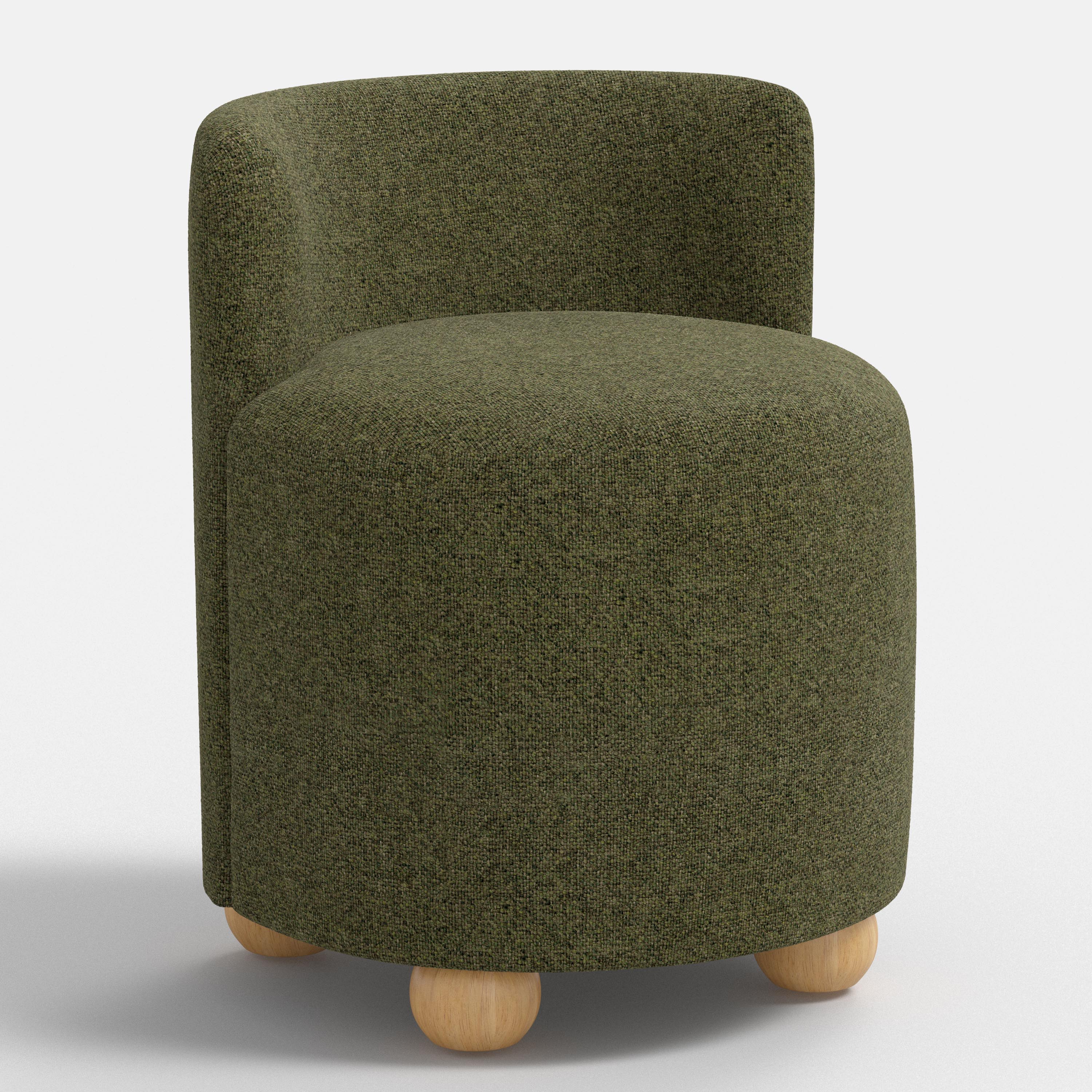 Green upholstered stool with wooden legs on a white background