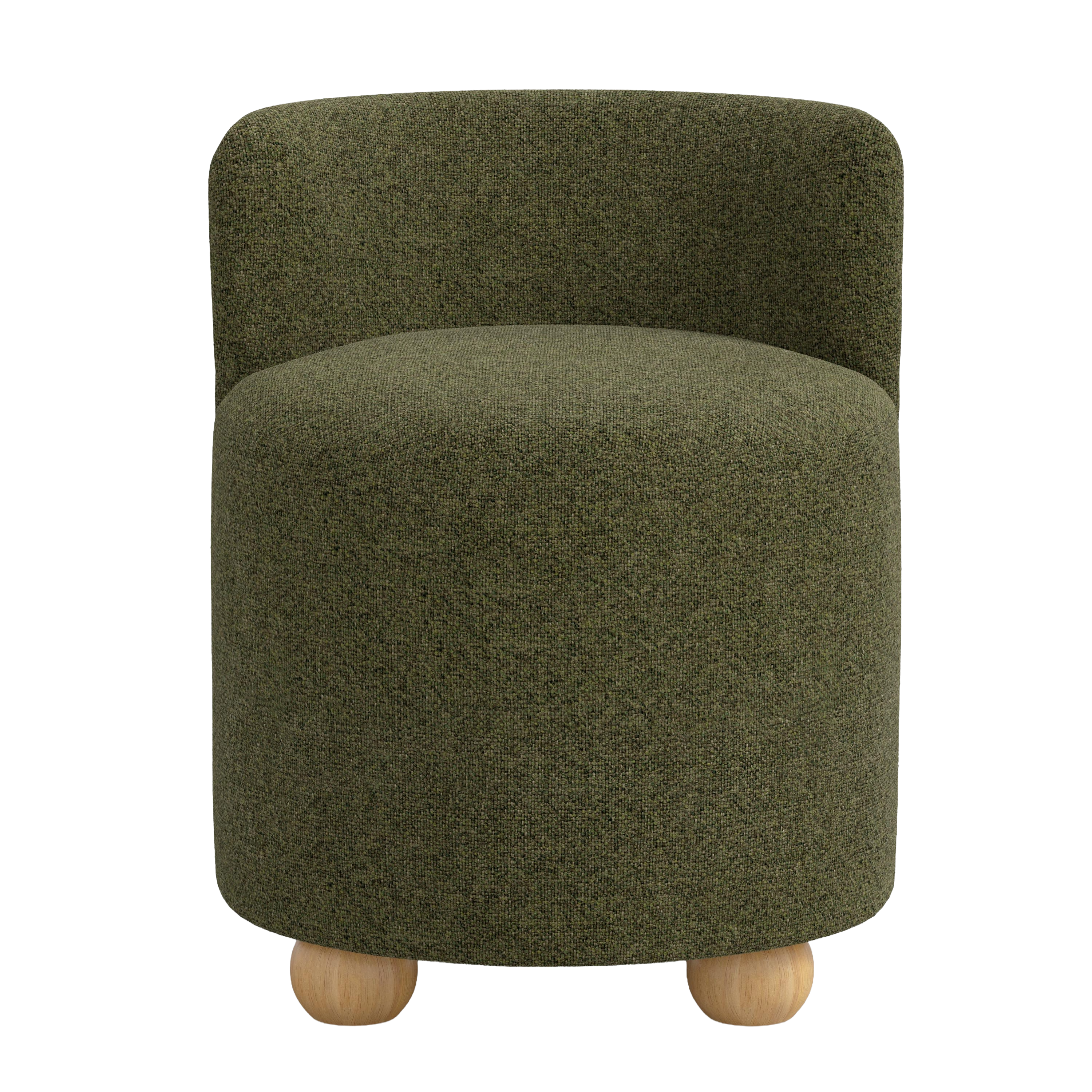 Green upholstered stool with wooden legs on a white background