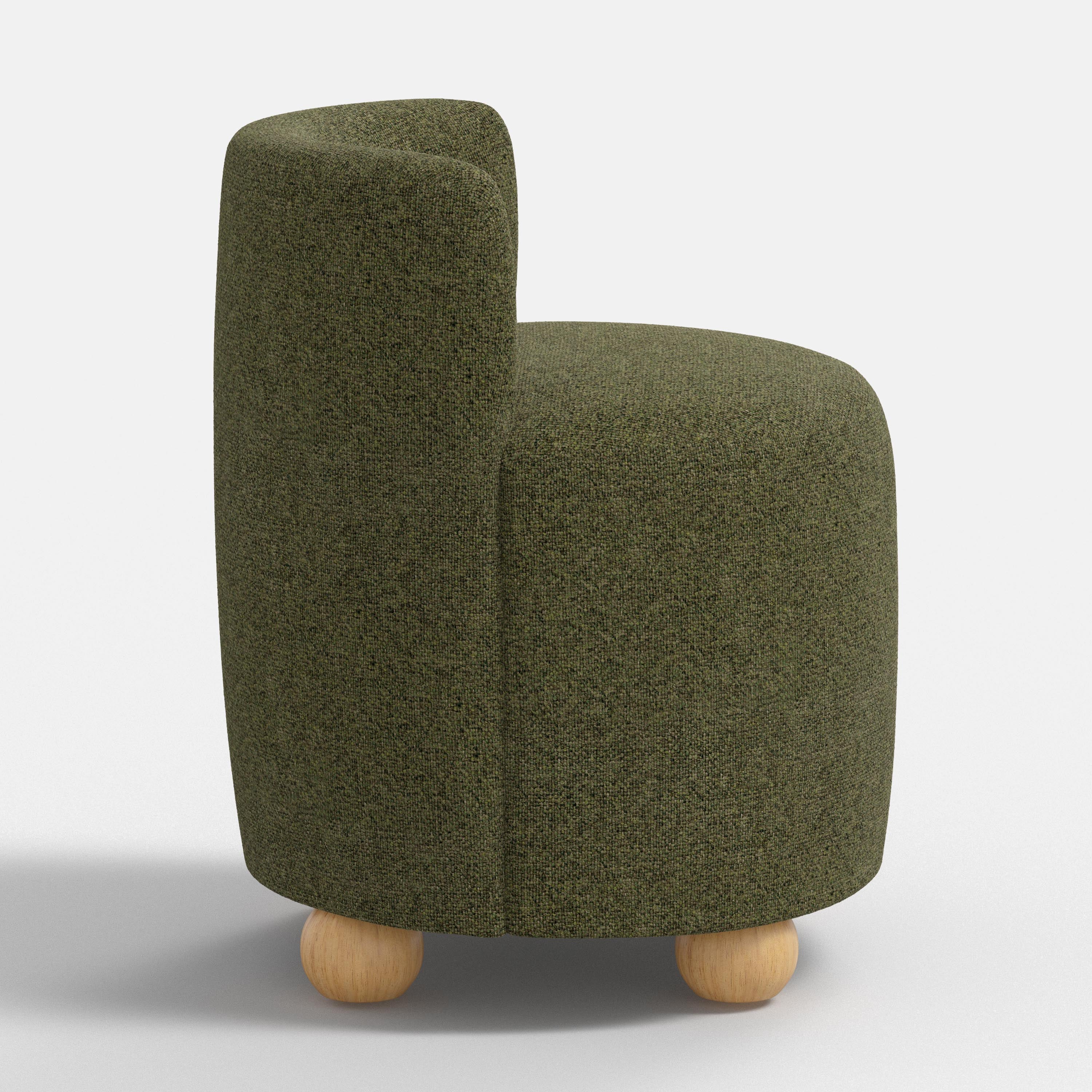 Green upholstered stool with wooden legs on a white background