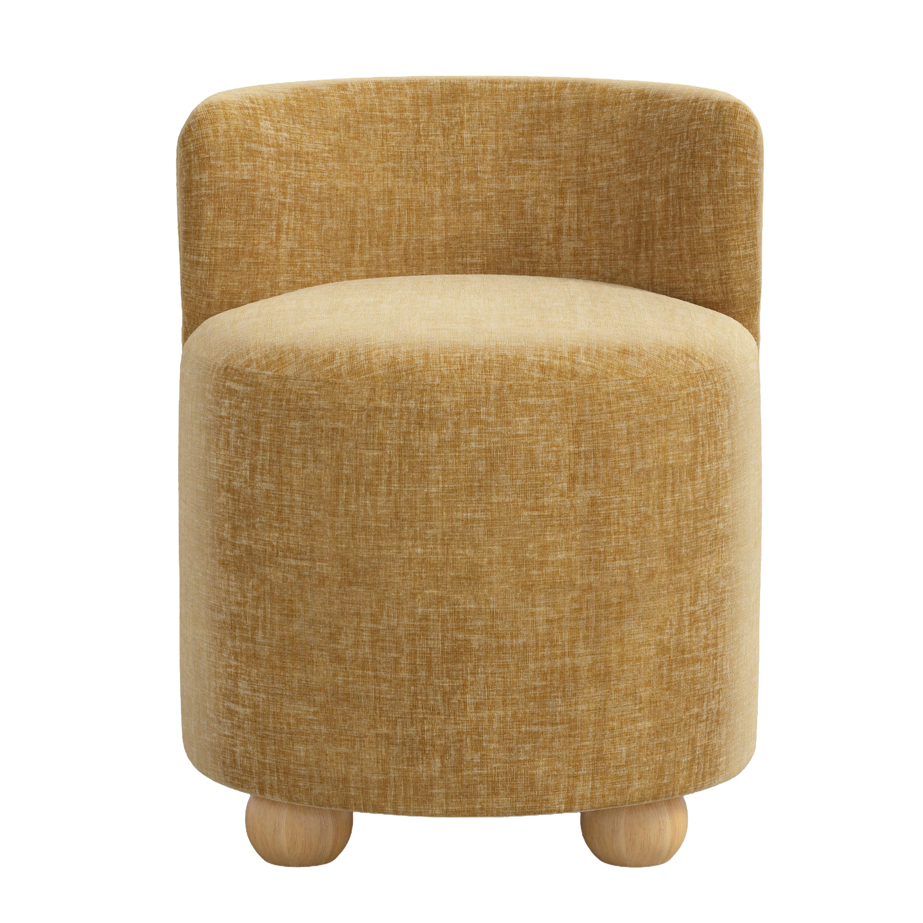 Round mustard-colored seat with wooden legs on a white background