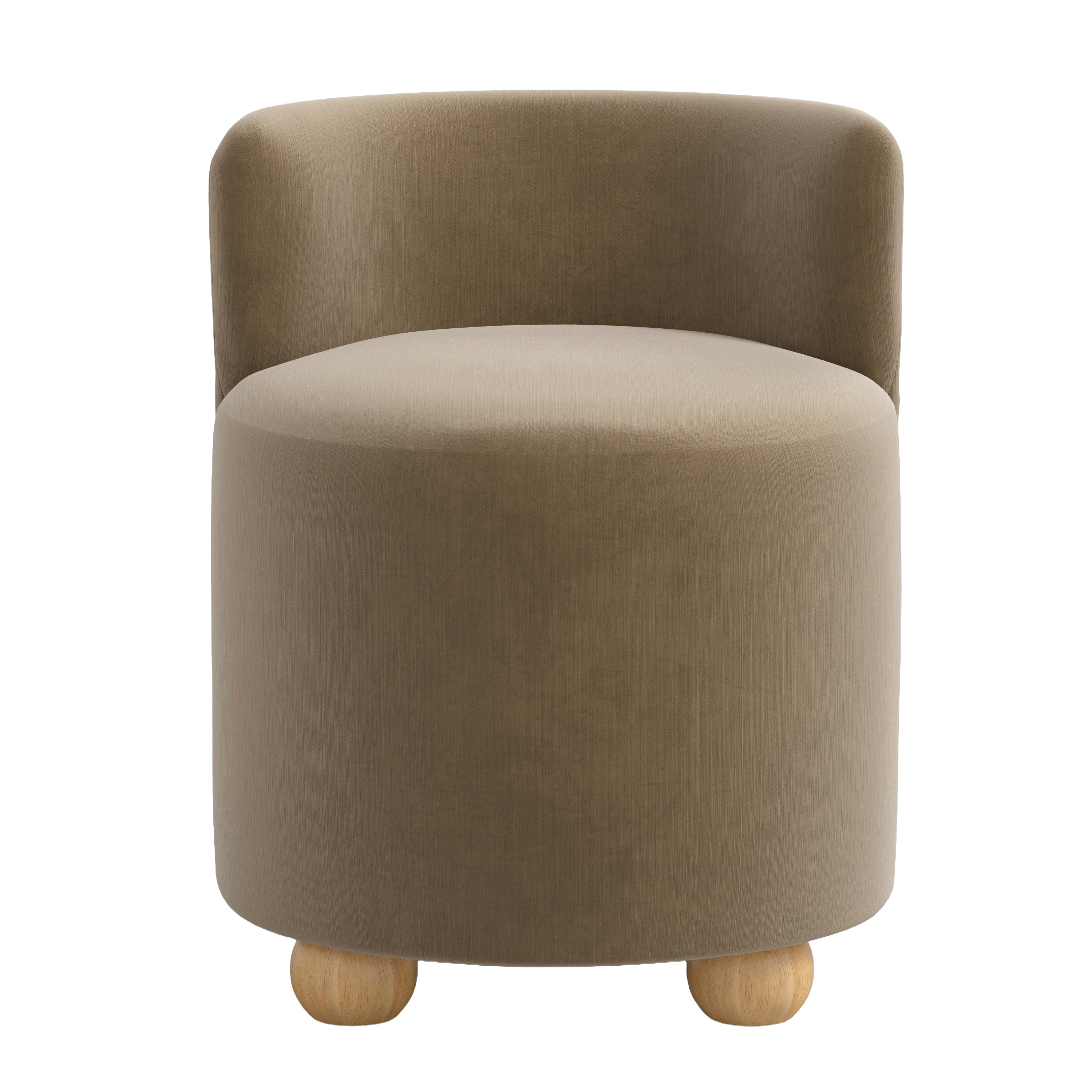 Round brown upholstered chair with wooden legs on a white background