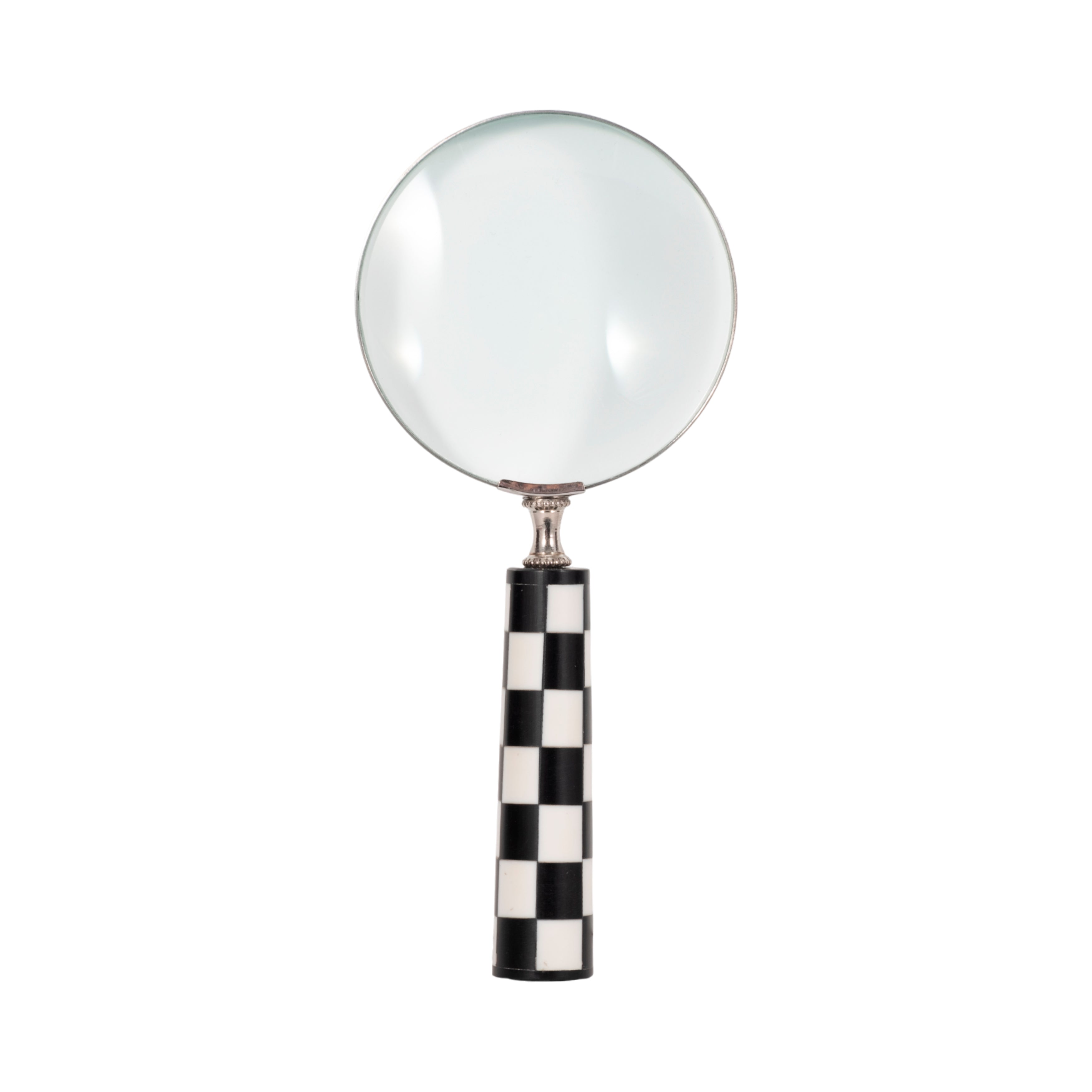 Magnifying glass with a checkered handle on a white background