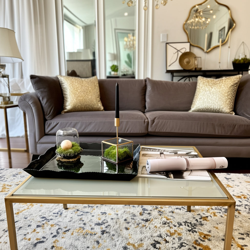 Modern living room with a gray sofa, coffee table, and decorative items.