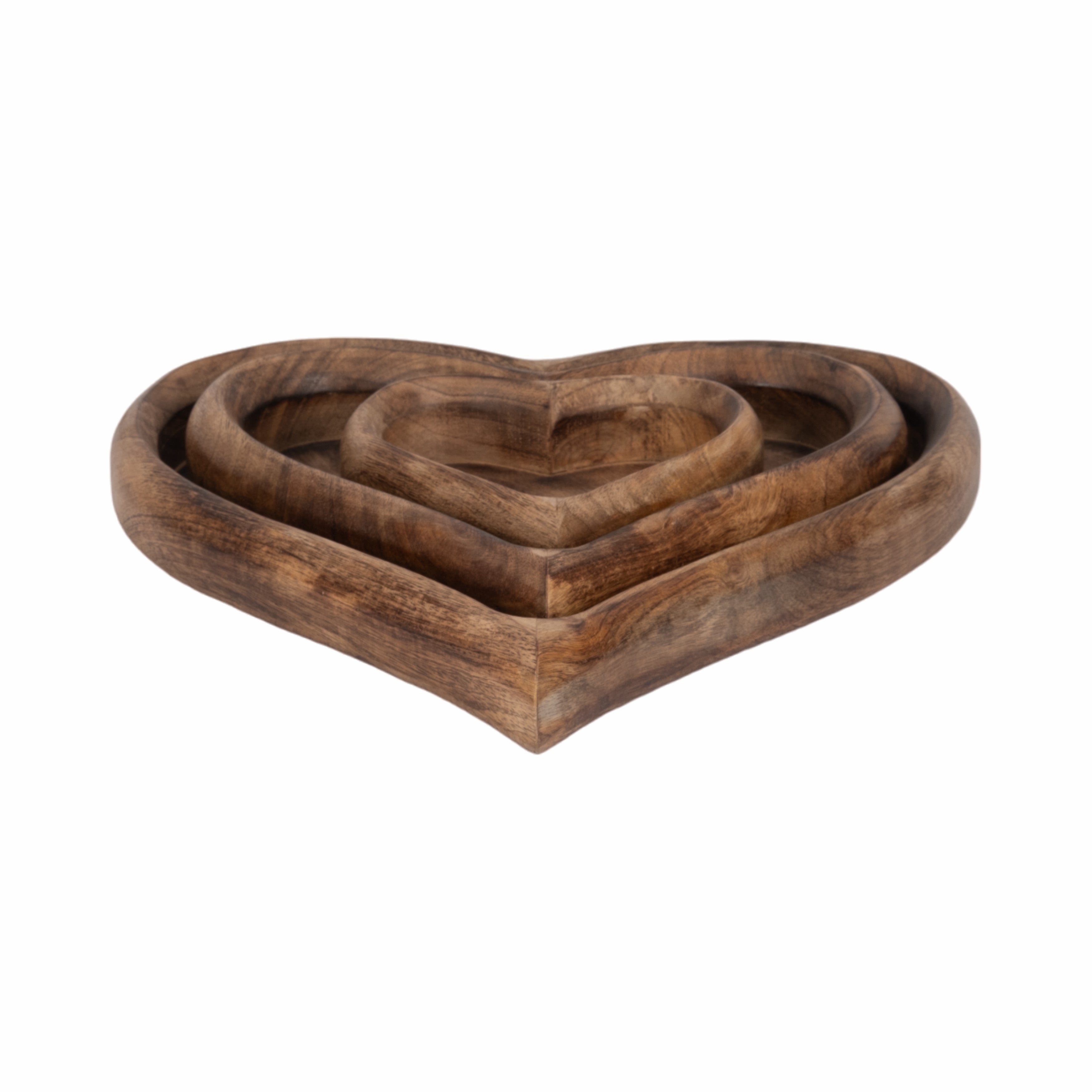 Set of three wooden heart-shaped trays on a white background