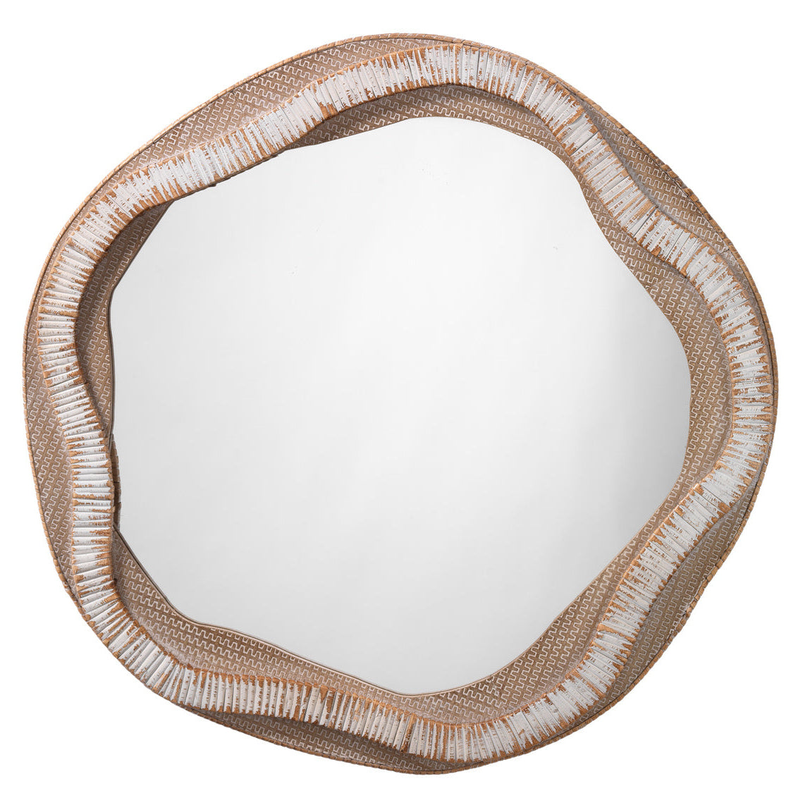Round mirror with a textured brown frame on a white background