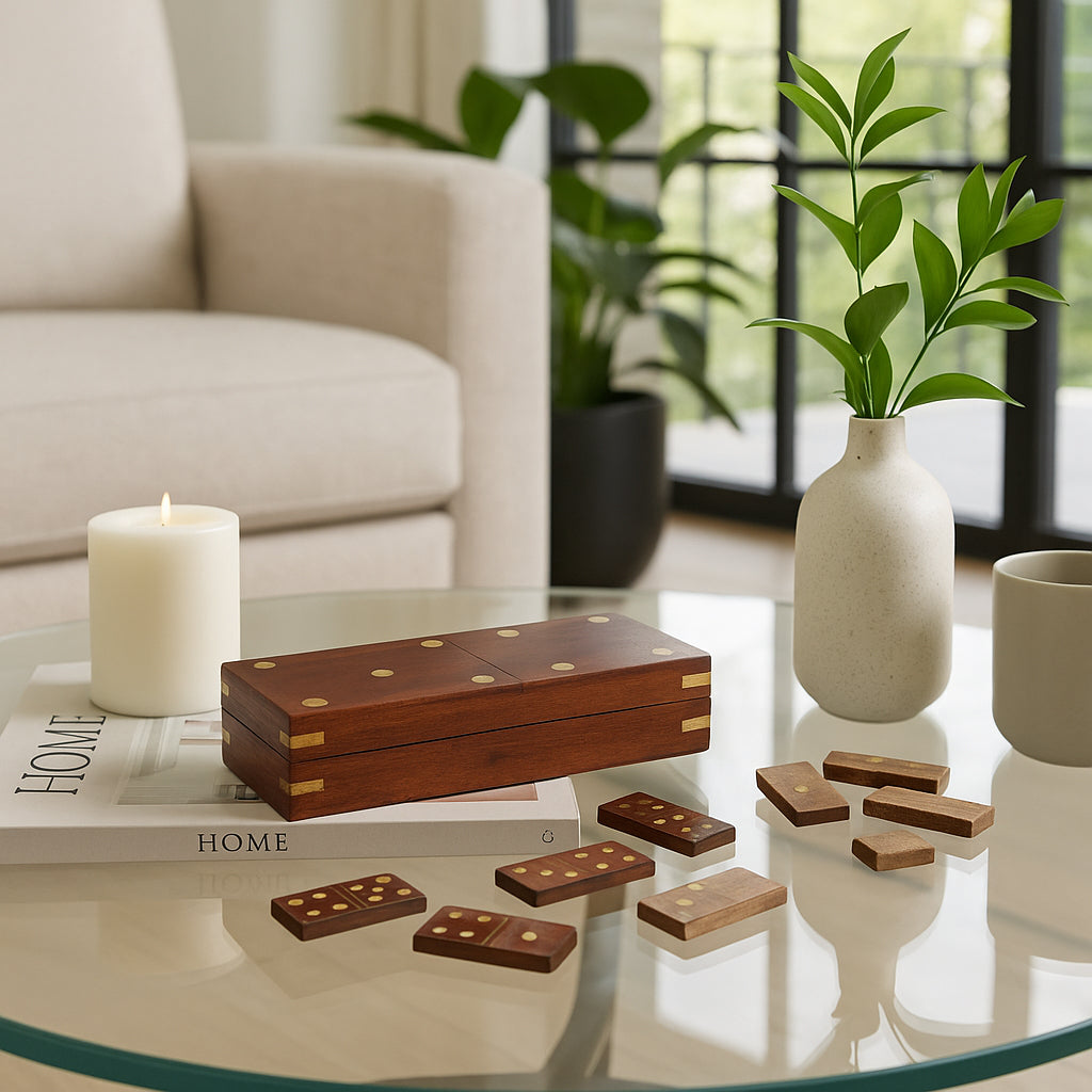 Wooden dominoes set on a glass coffee table with a candle, vase, and plant in a living room setting.