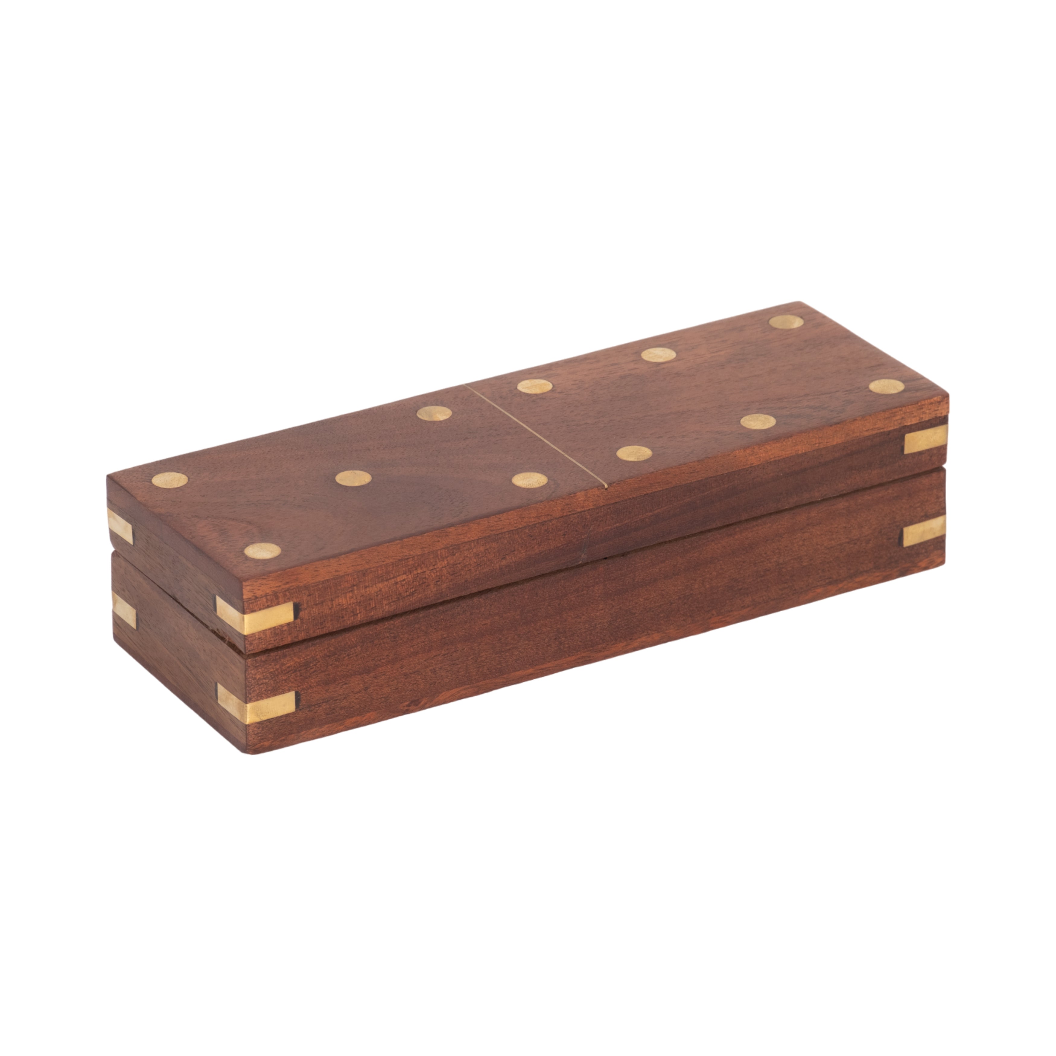 Wooden box with brass studs on a white background
