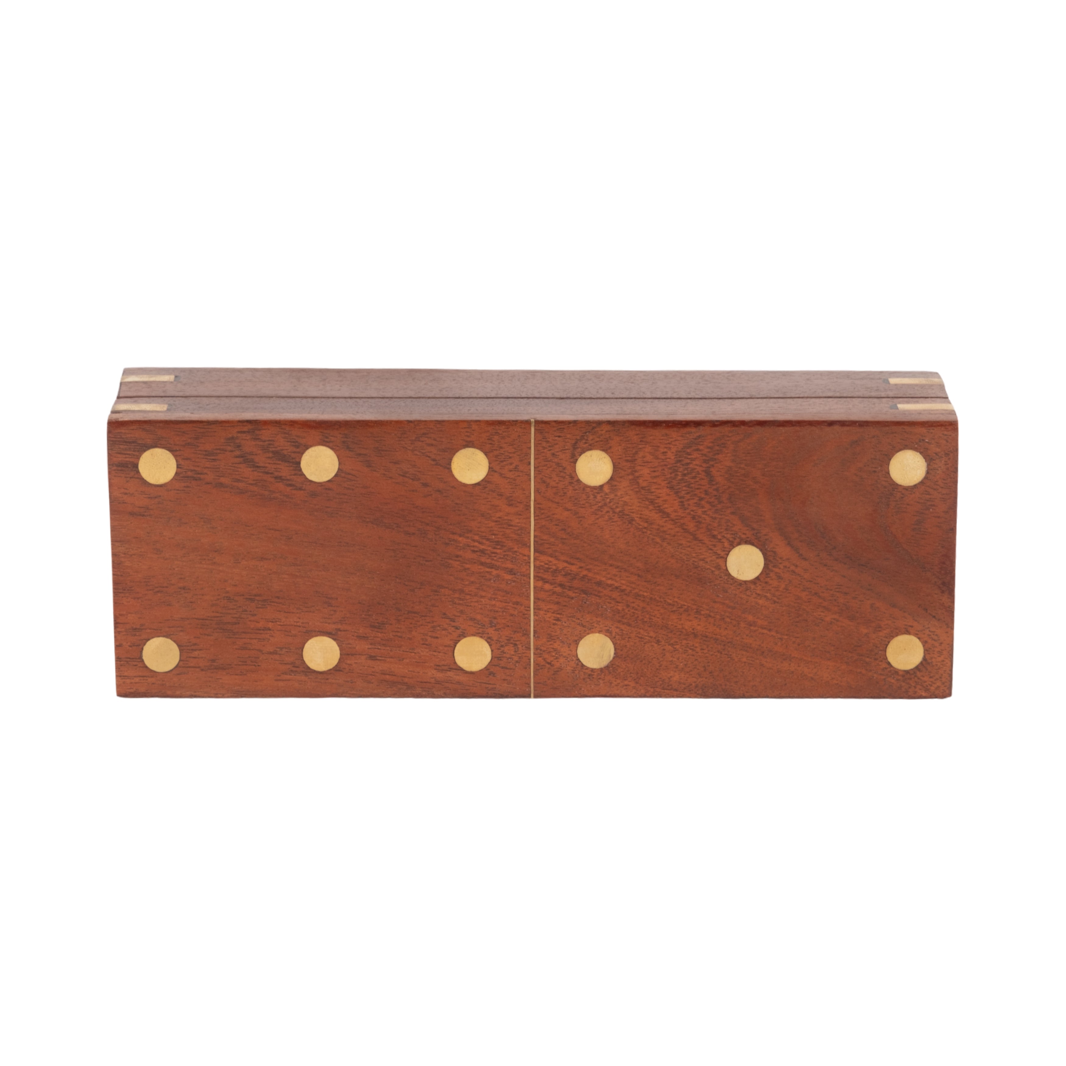 Wooden box with brass studs on a white background
