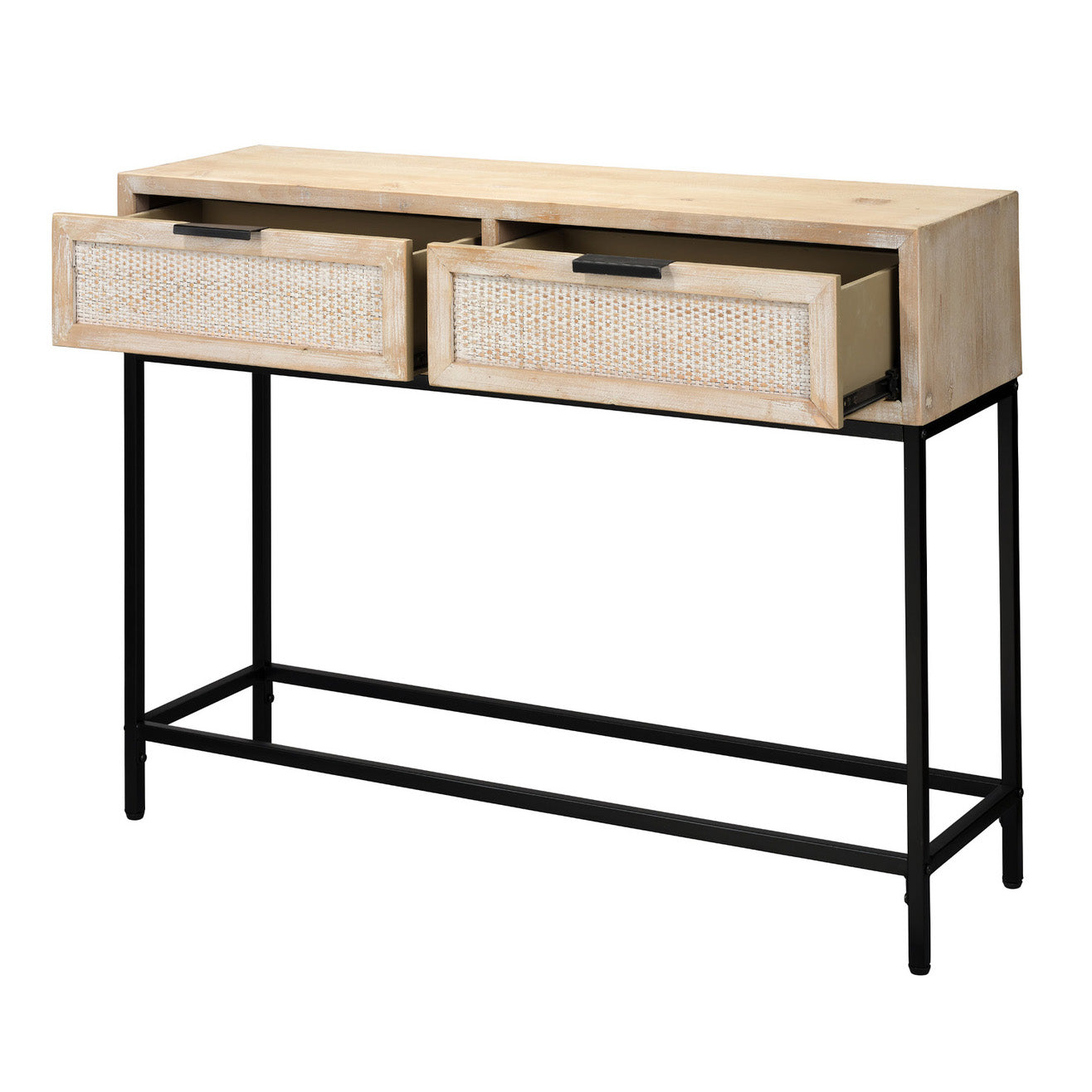 Console table with wicker drawers on a white background