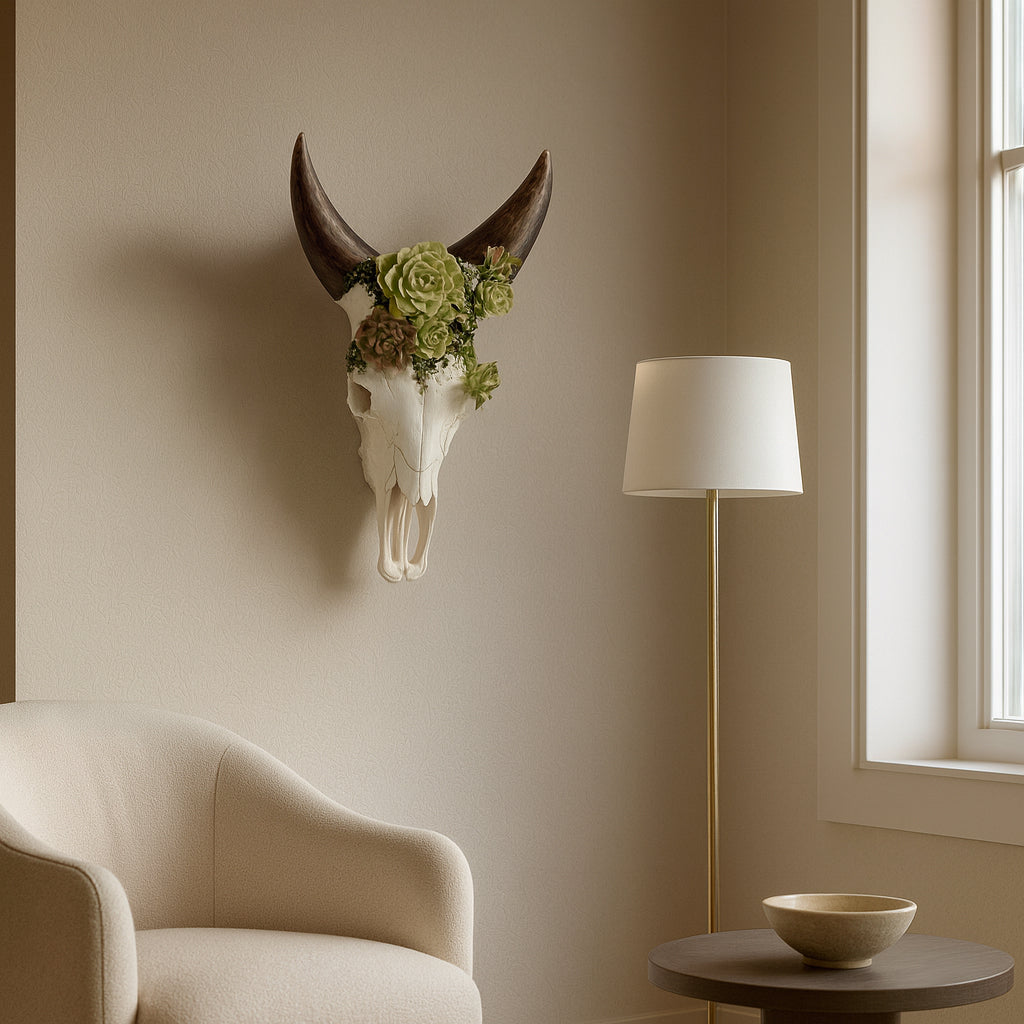Decorative bull skull with flowers on a wall above a beige armchair.