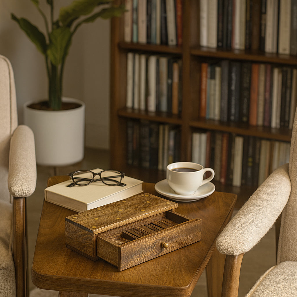 Wooden table with a book, glasses, and coffee cup in a cozy room with a bookshelf.