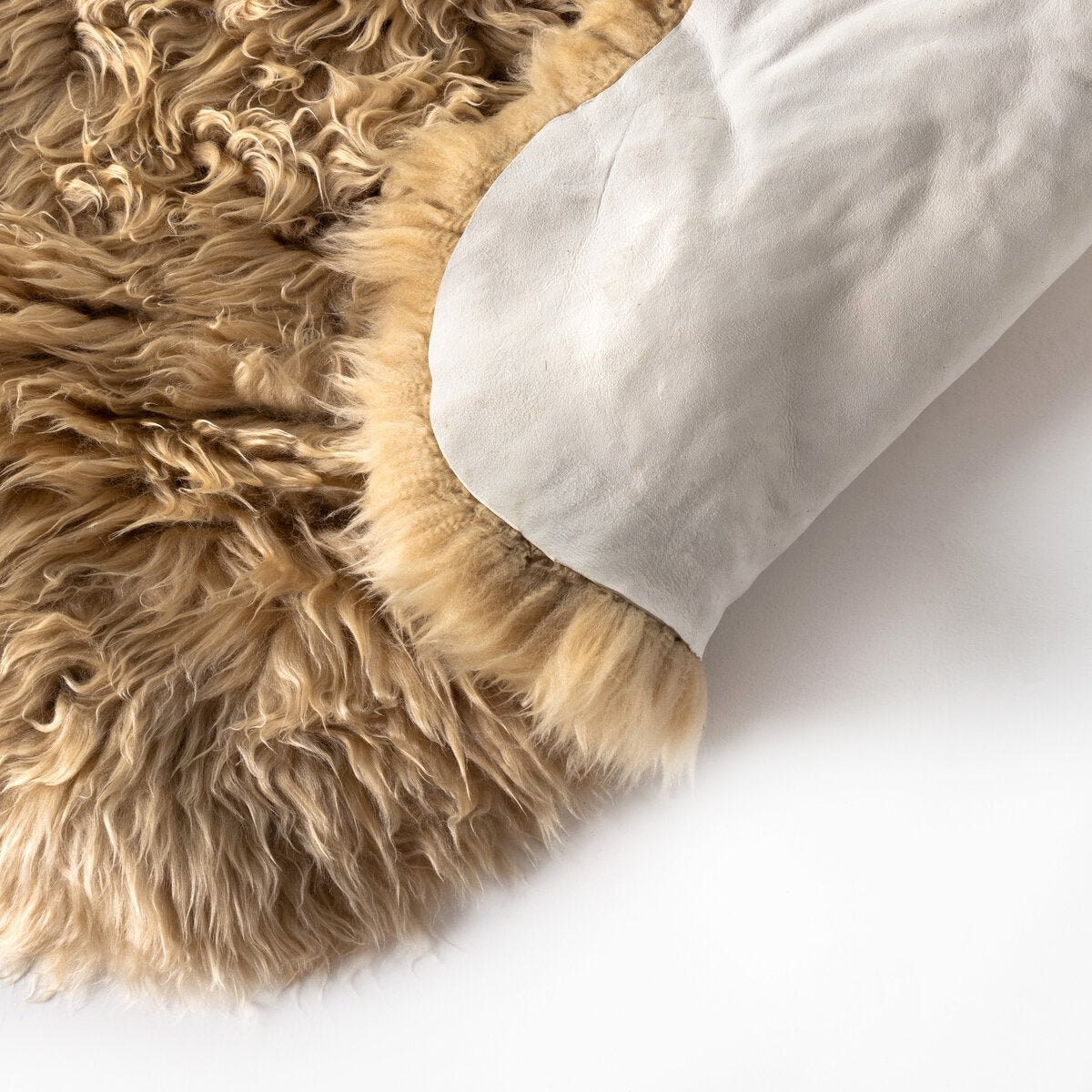 Close-up of a fluffy beige rug with a white pillow on a light background