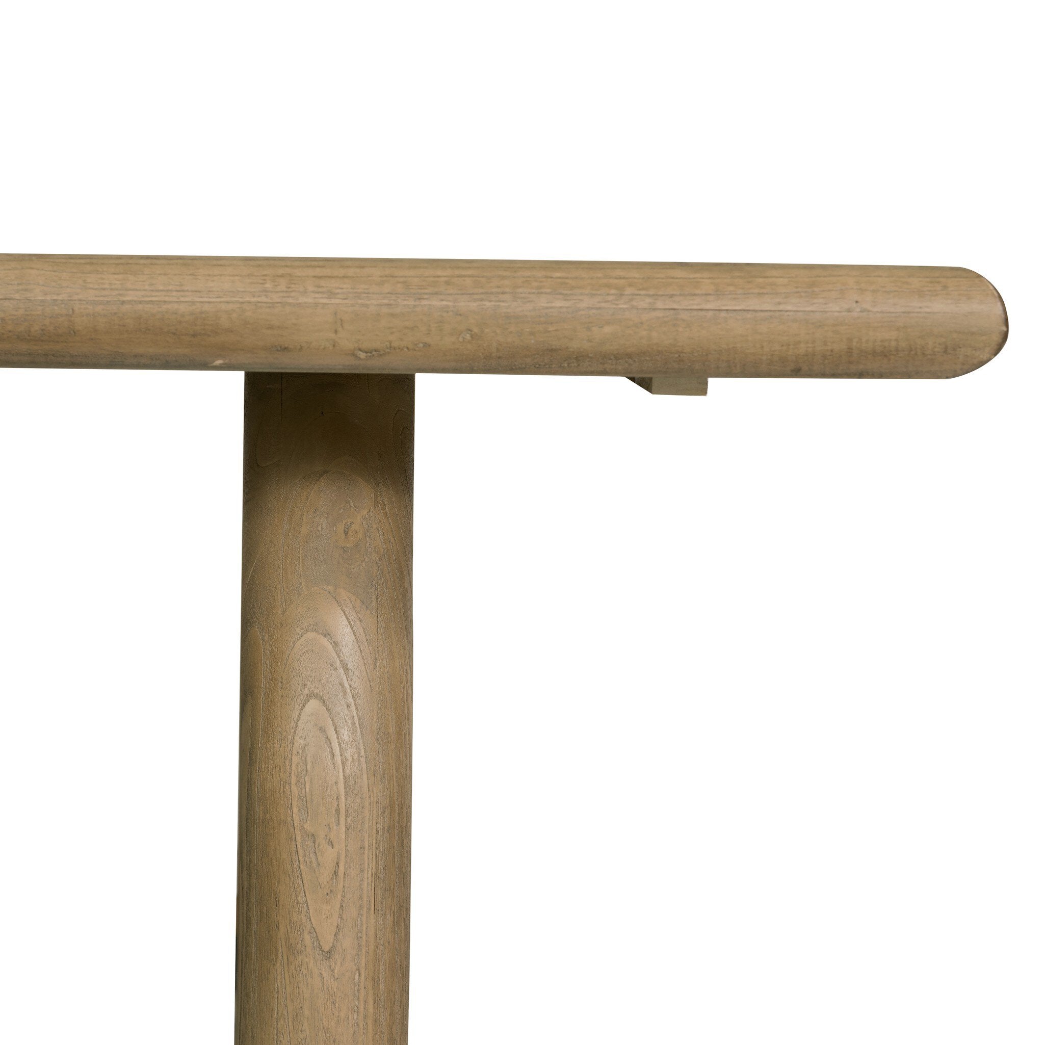 Close-up of a wooden table leg on a white background