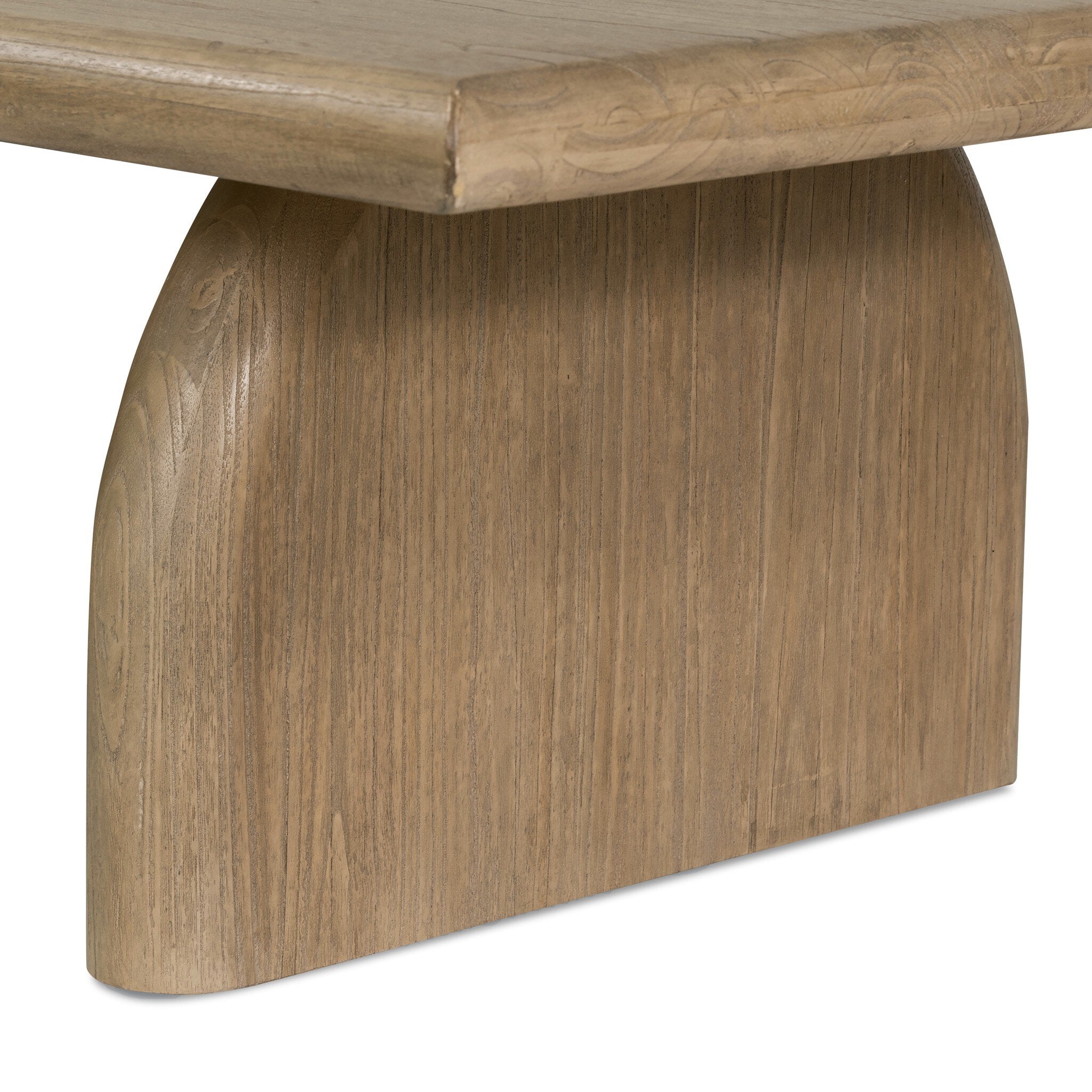 Wooden table with a curved base on a white background