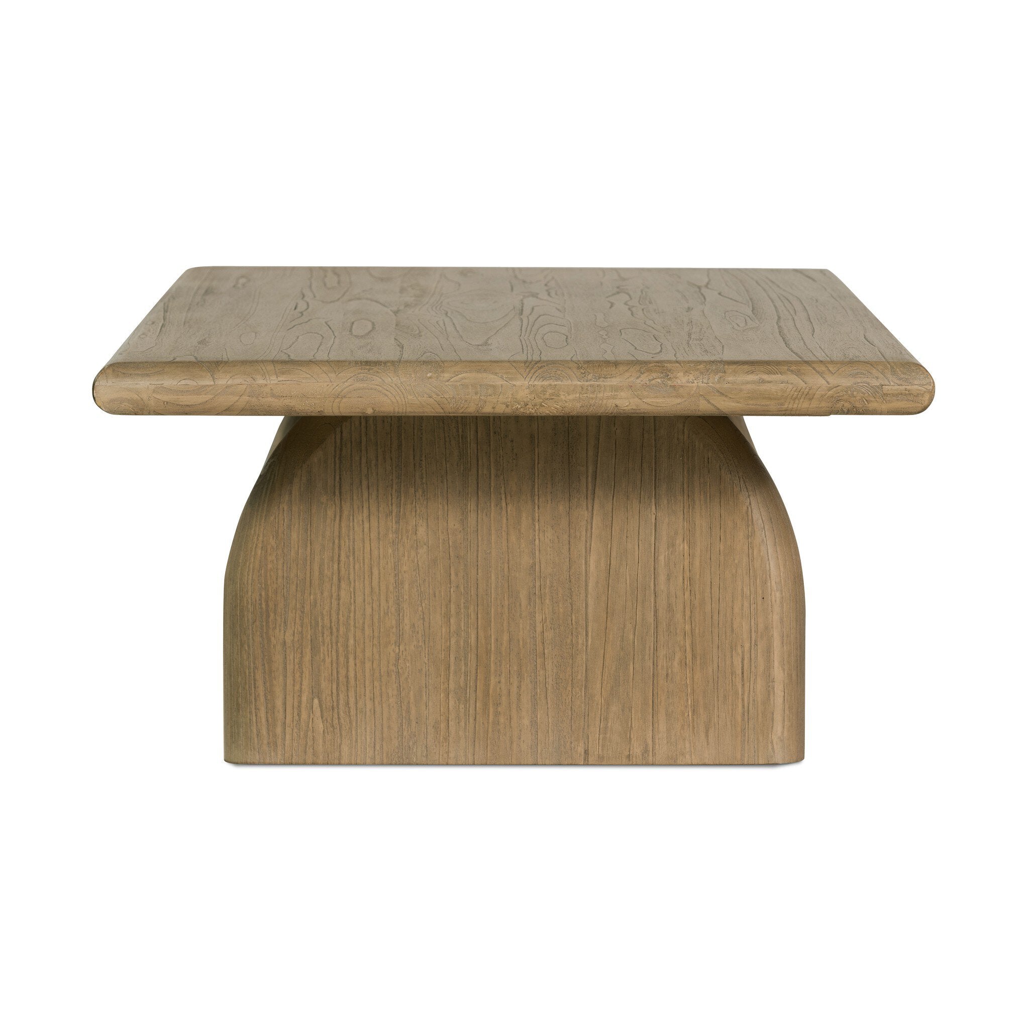 Wooden side table with a textured surface on a white background