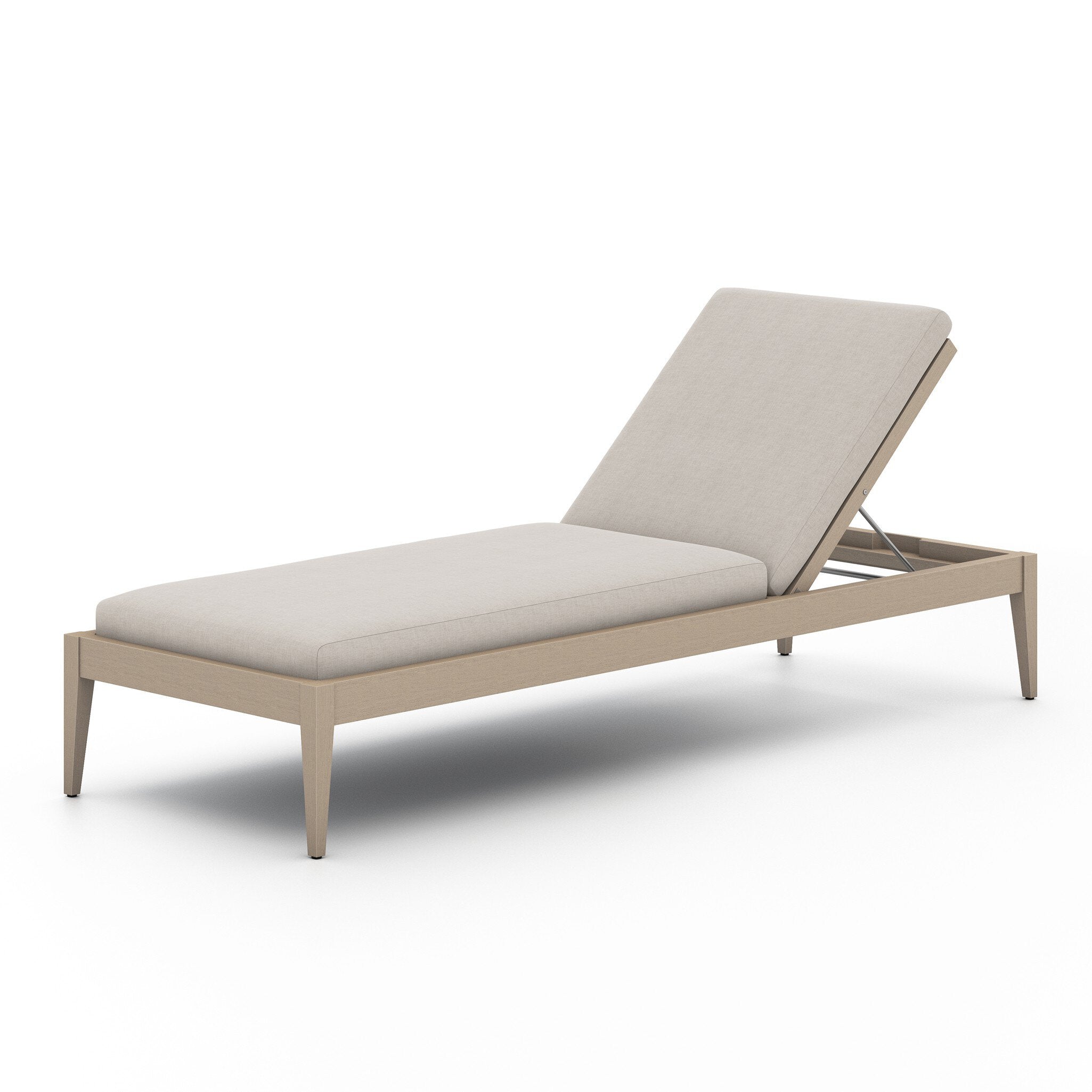Beige outdoor lounge chair with light grey cushion on a white background