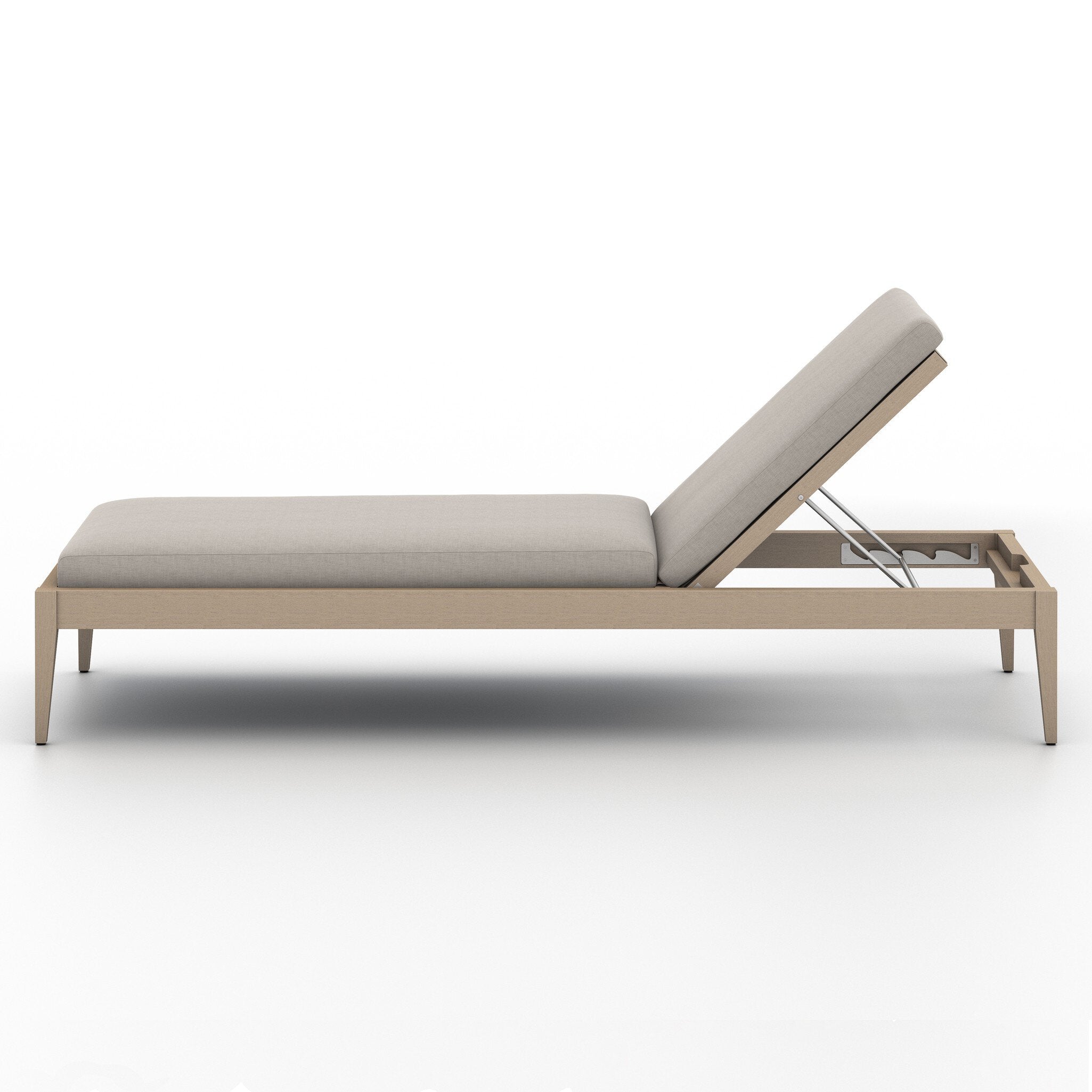 Adjustable outdoor lounge chaise with light grey cushion