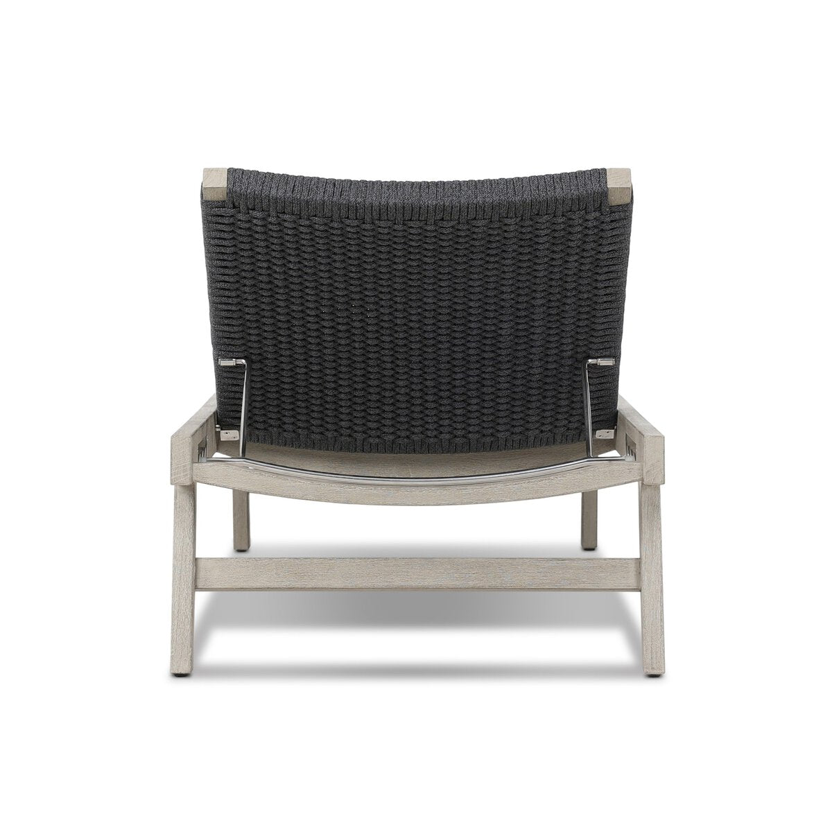 Chair with black woven backrest and light wooden frame on a white background