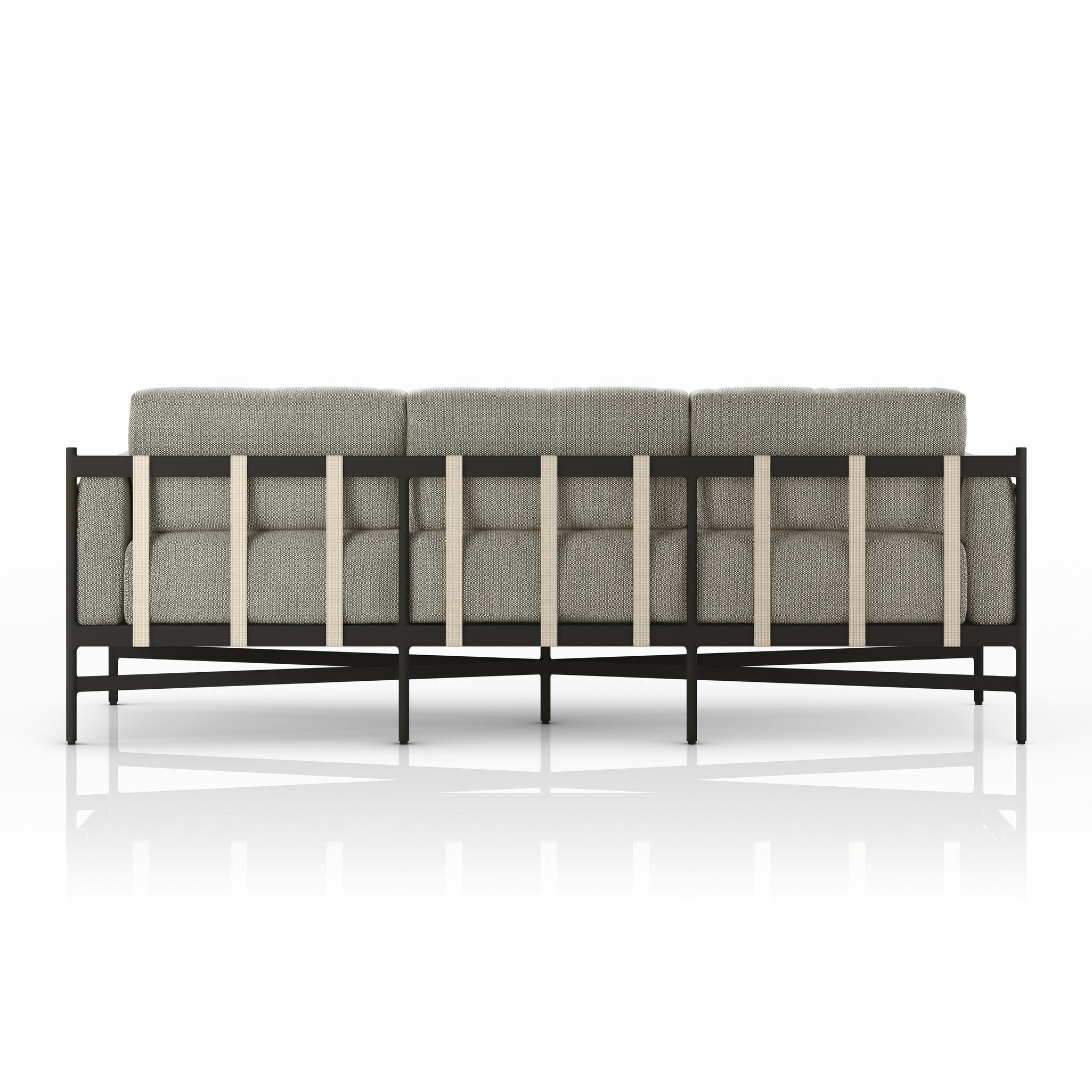 Modern outdoor sofa with gray cushions on a white background