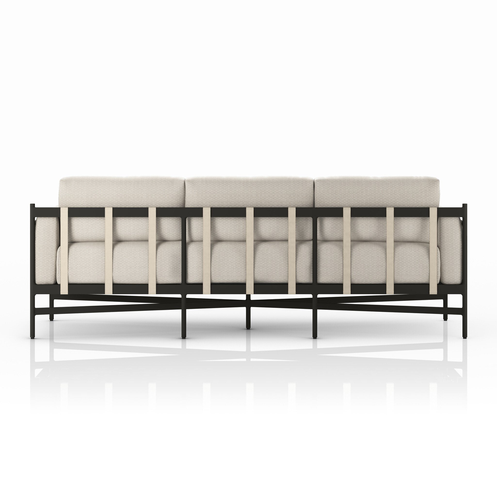 Modern outdoor sofa with beige cushions and black metal frame on a white background
