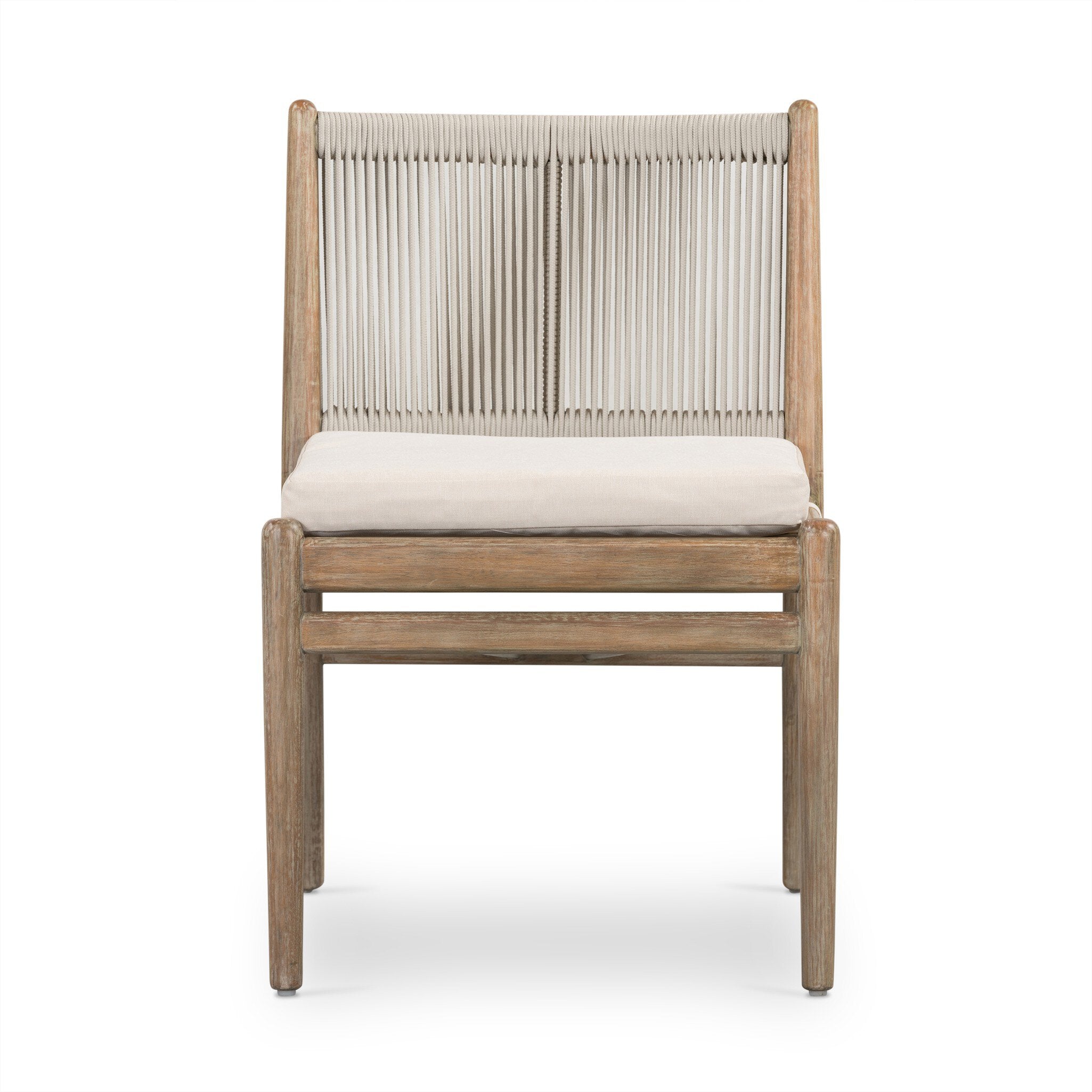 Wooden chair with woven backrest and white cushion on a white background