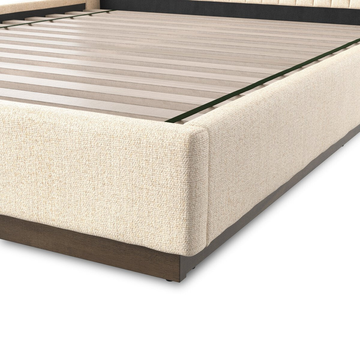 Beige upholstered bed frame with wooden legs