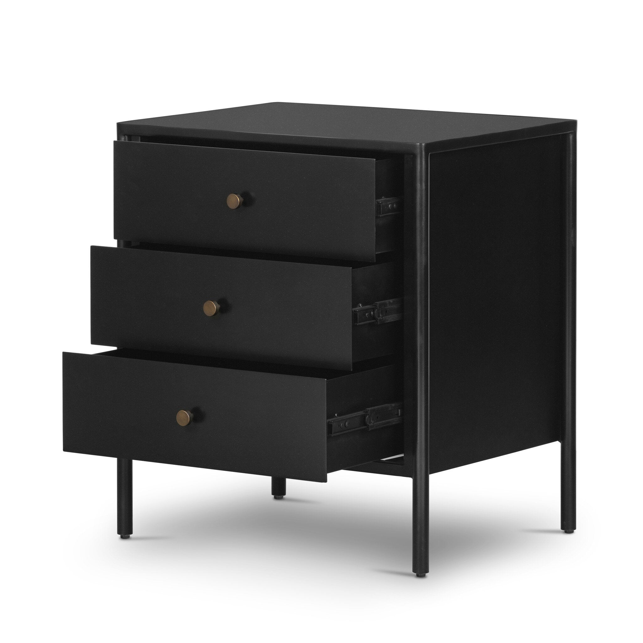 Black three-drawer dresser on a white background