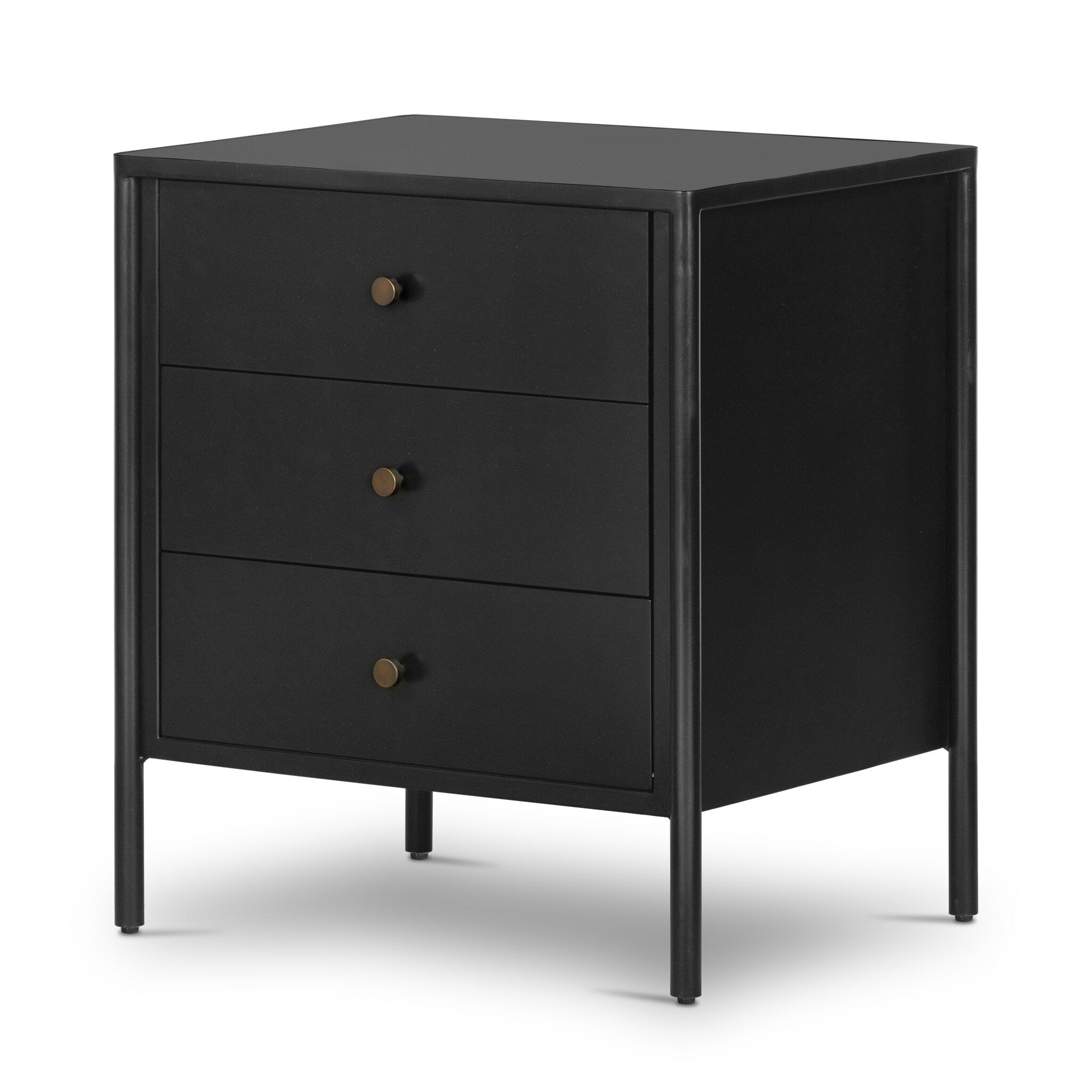 Black three-drawer dresser on a white background