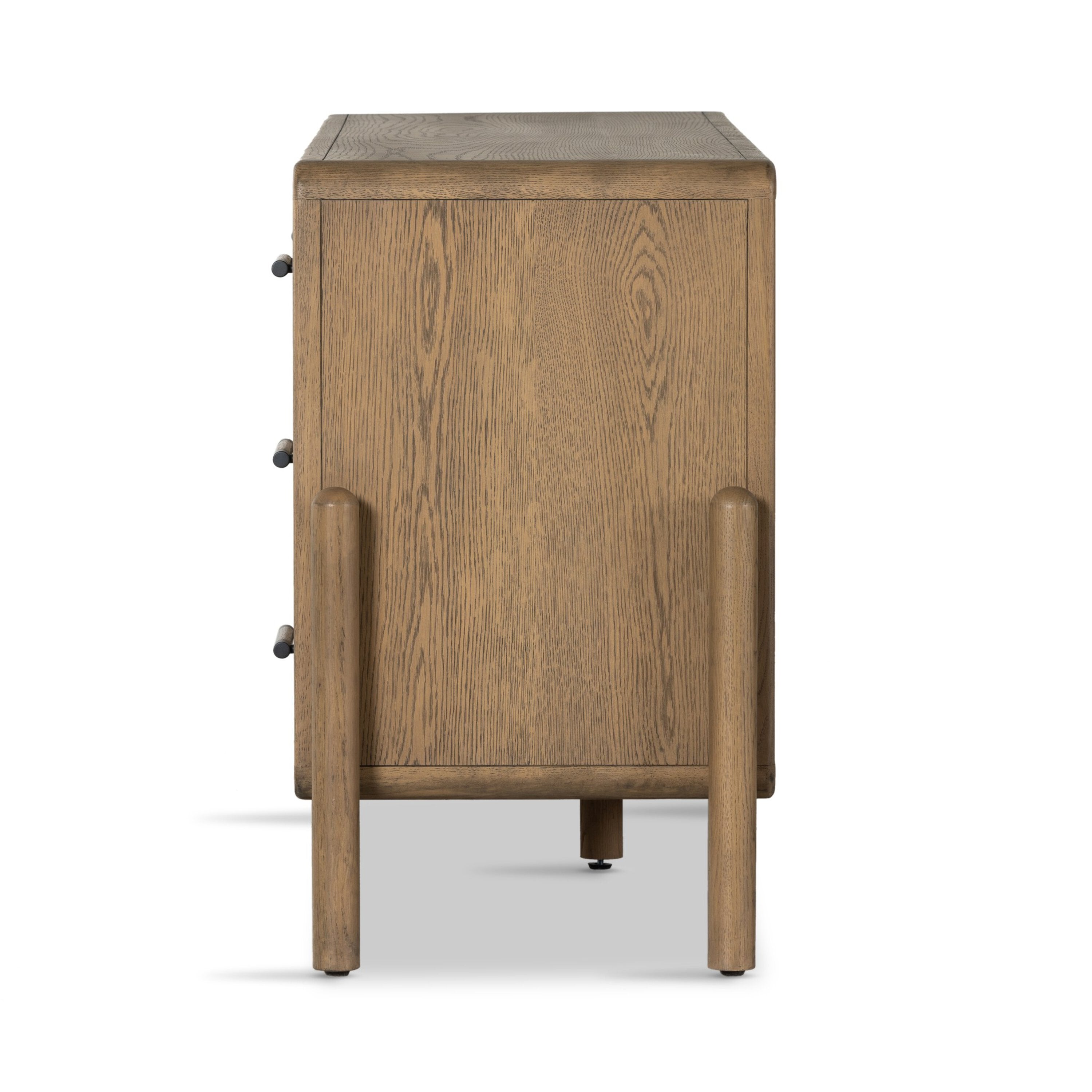 Wooden dresser with six drawers on a white background