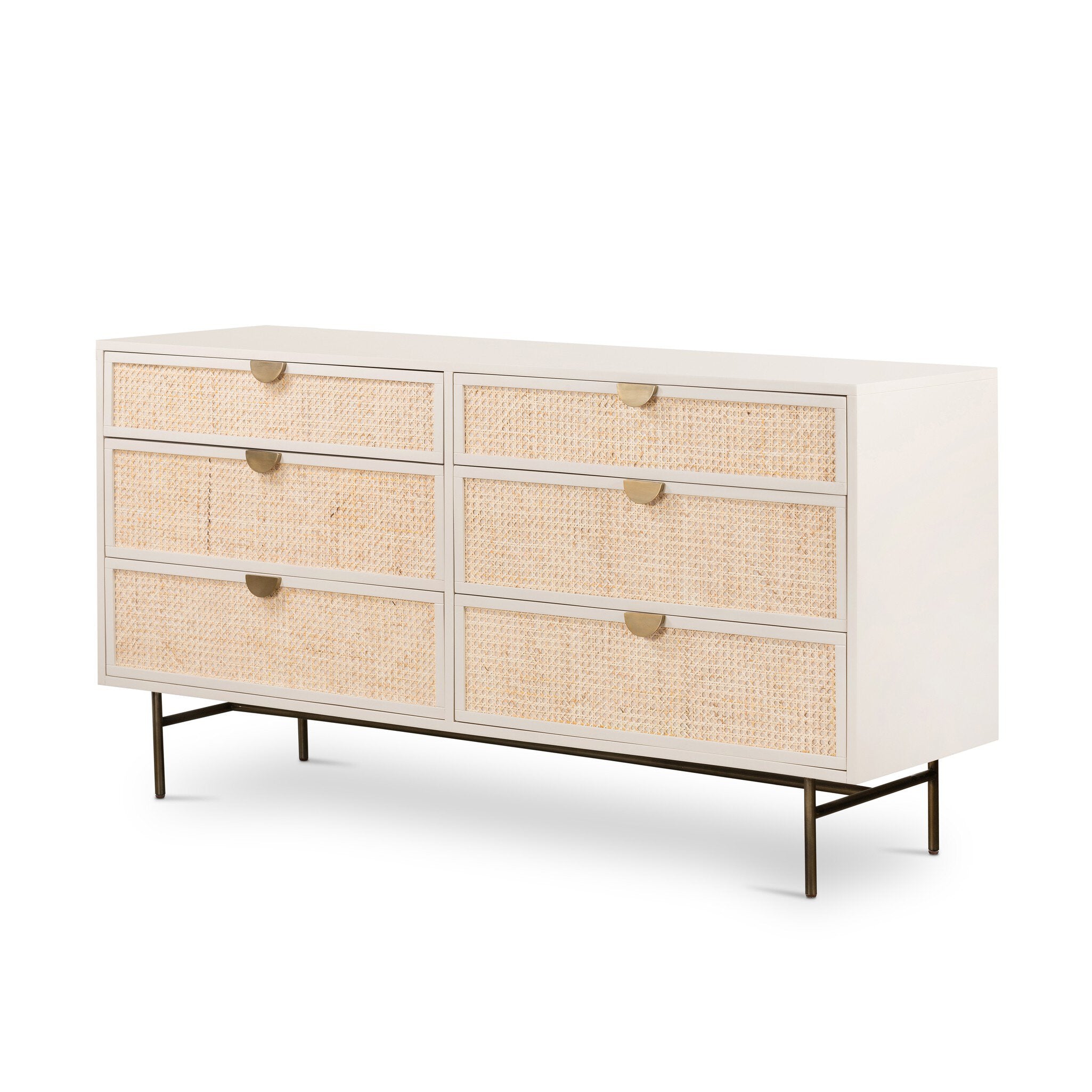 White dresser with woven drawers on a white background