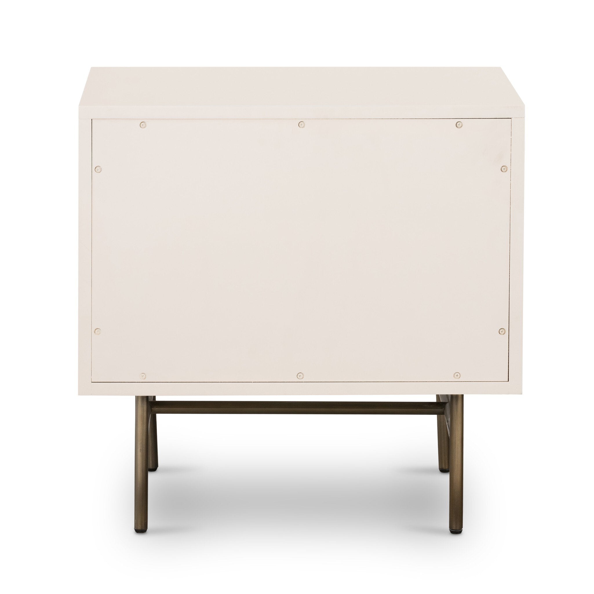 White side table with bronze legs on a white background