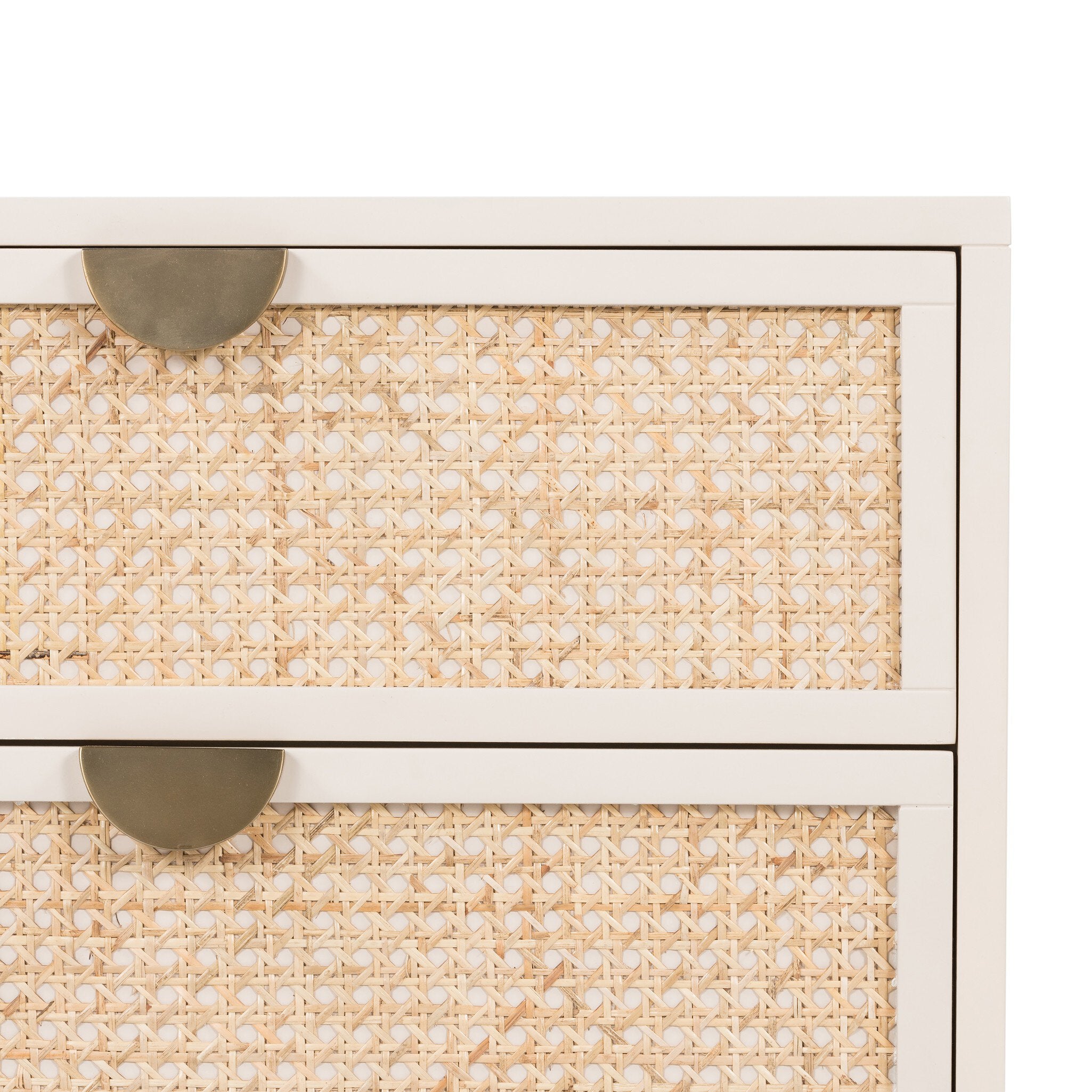 Close-up of a woven drawer with a white frame on a white background