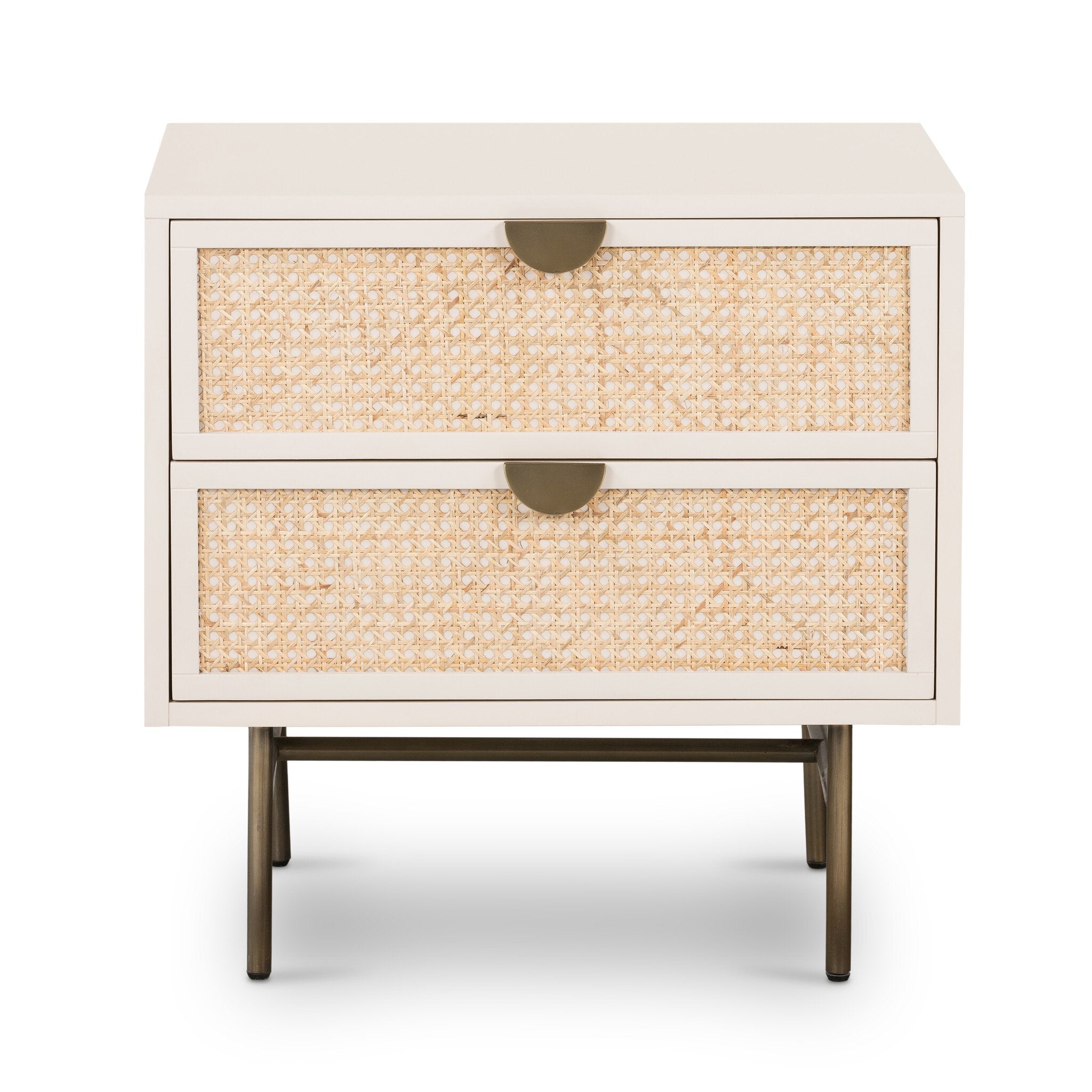 White nightstand with wicker drawers on a white background