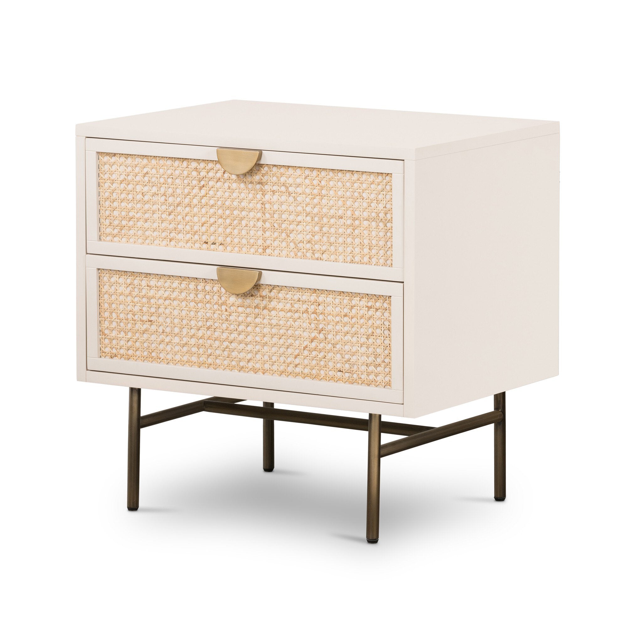 White nightstand with woven drawers and gold handles on a white background