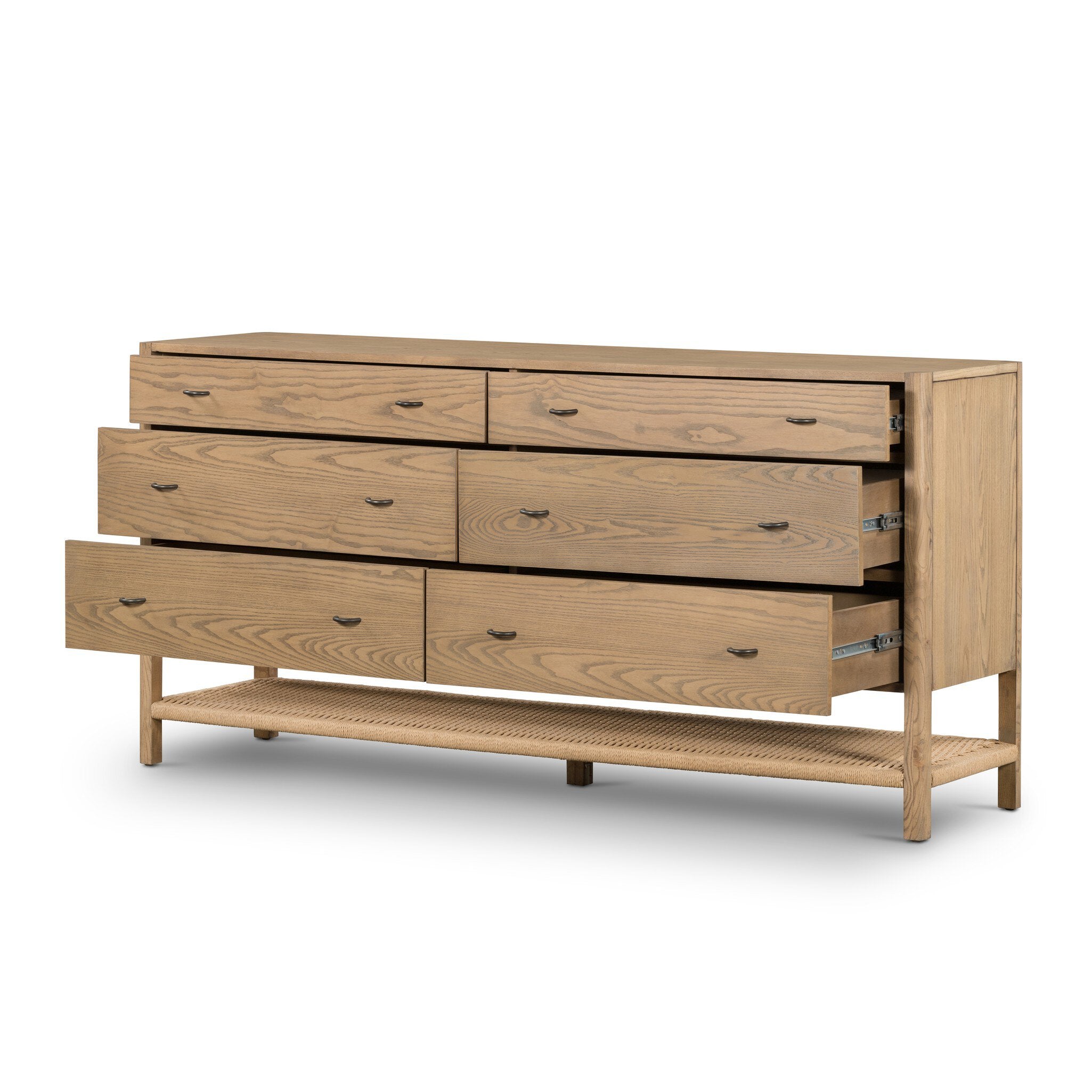 Wooden dresser with multiple drawers on a white background