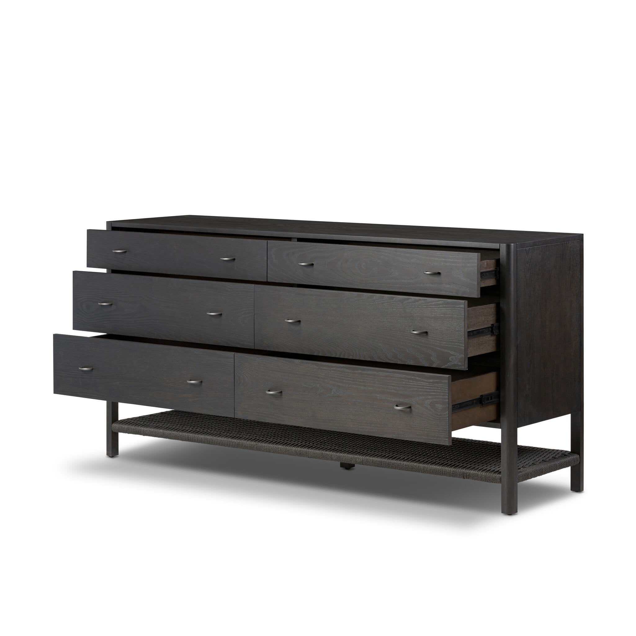 Black dresser with multiple drawers on a white background