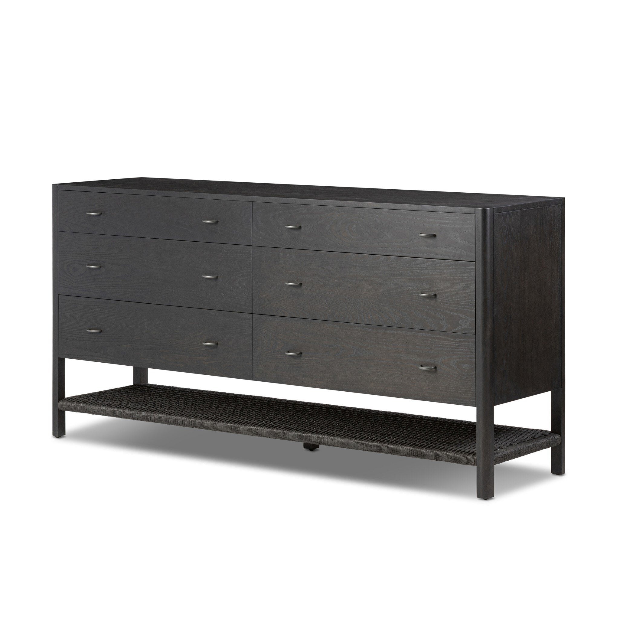 Black dresser with multiple drawers on a white background
