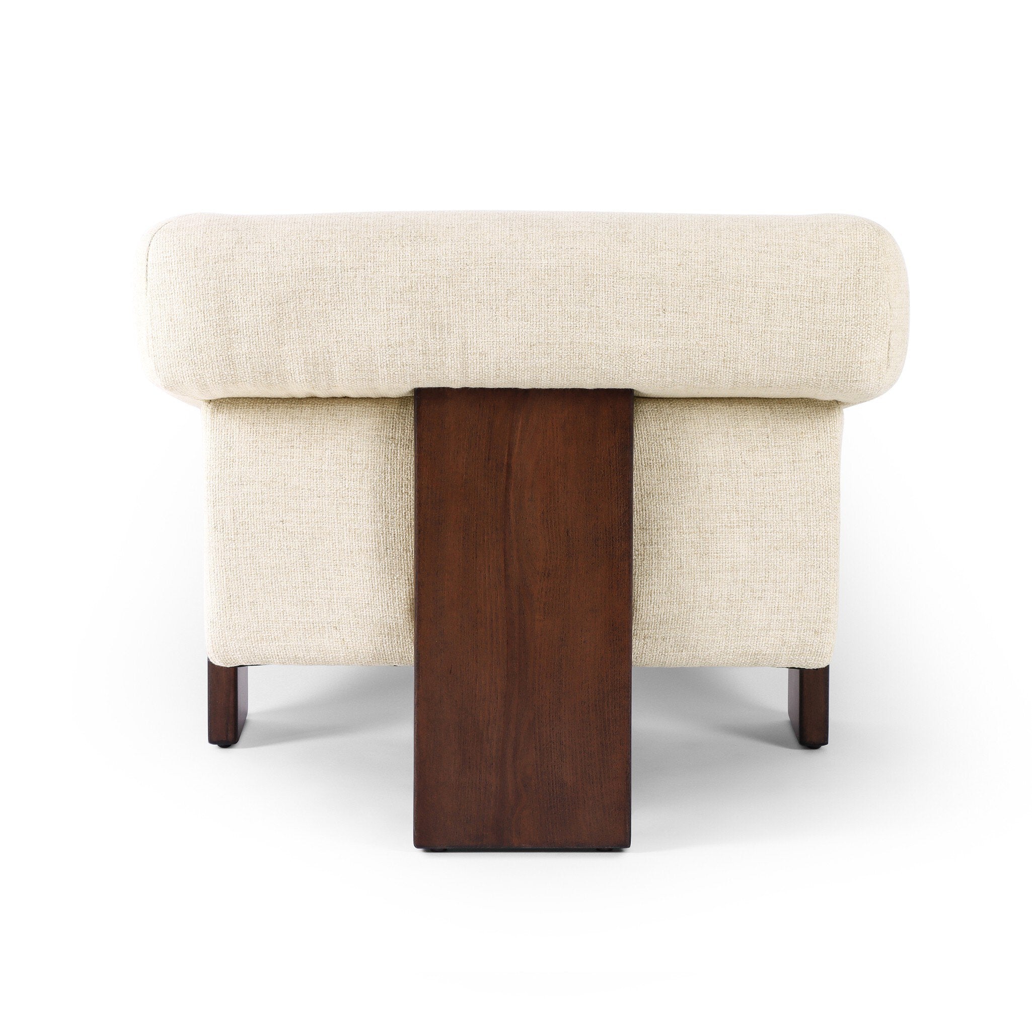 Beige ottoman with a wooden base on a white background