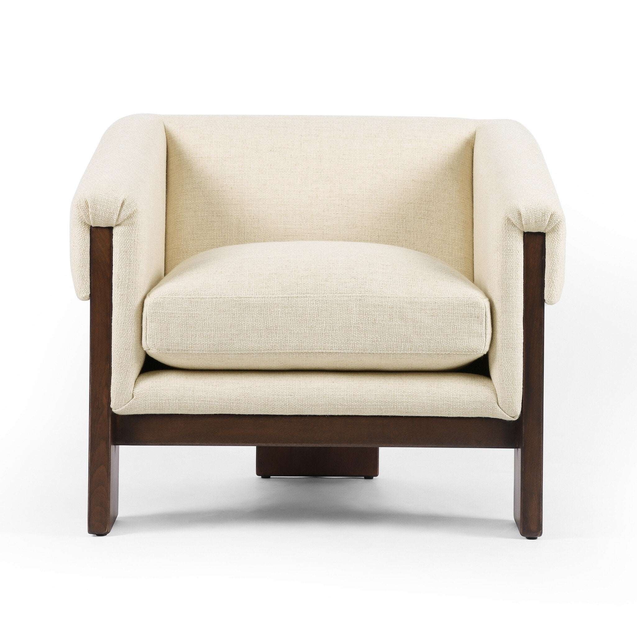 Beige armchair with wooden legs on a white background