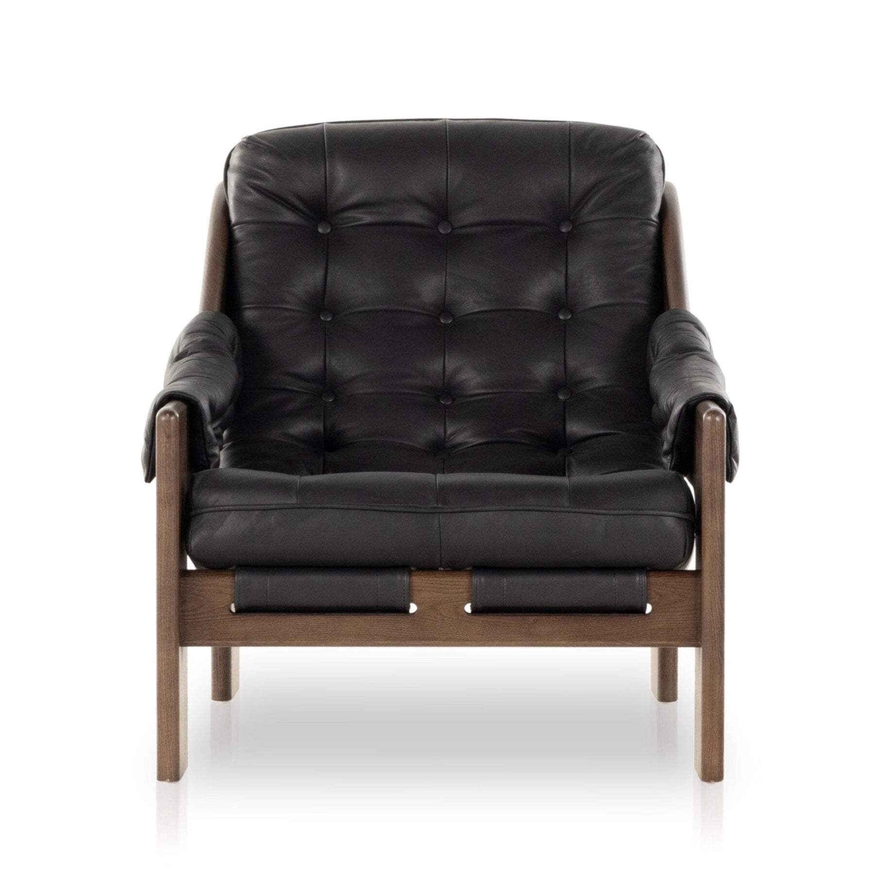 Black leather armchair with wooden frame on a white background