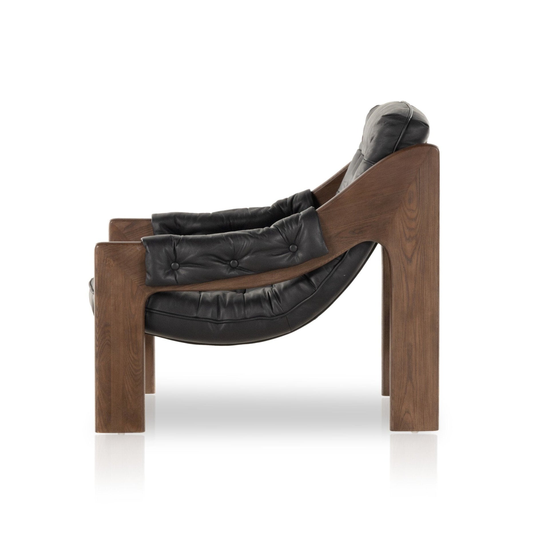 Modern chair with black leather seat and wooden frame on a white background