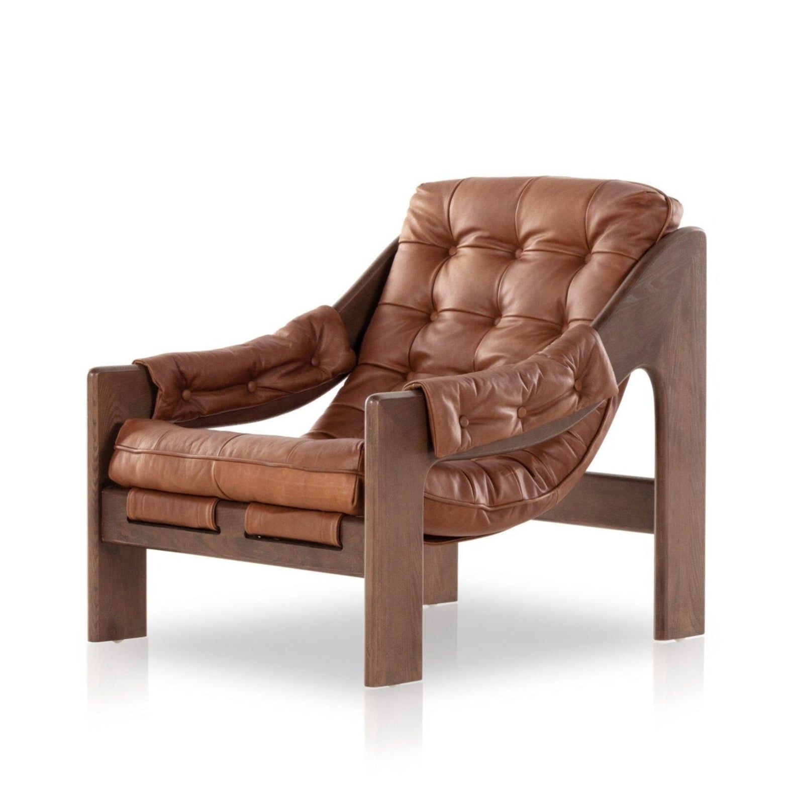 Brown leather armchair with wooden frame on a white background