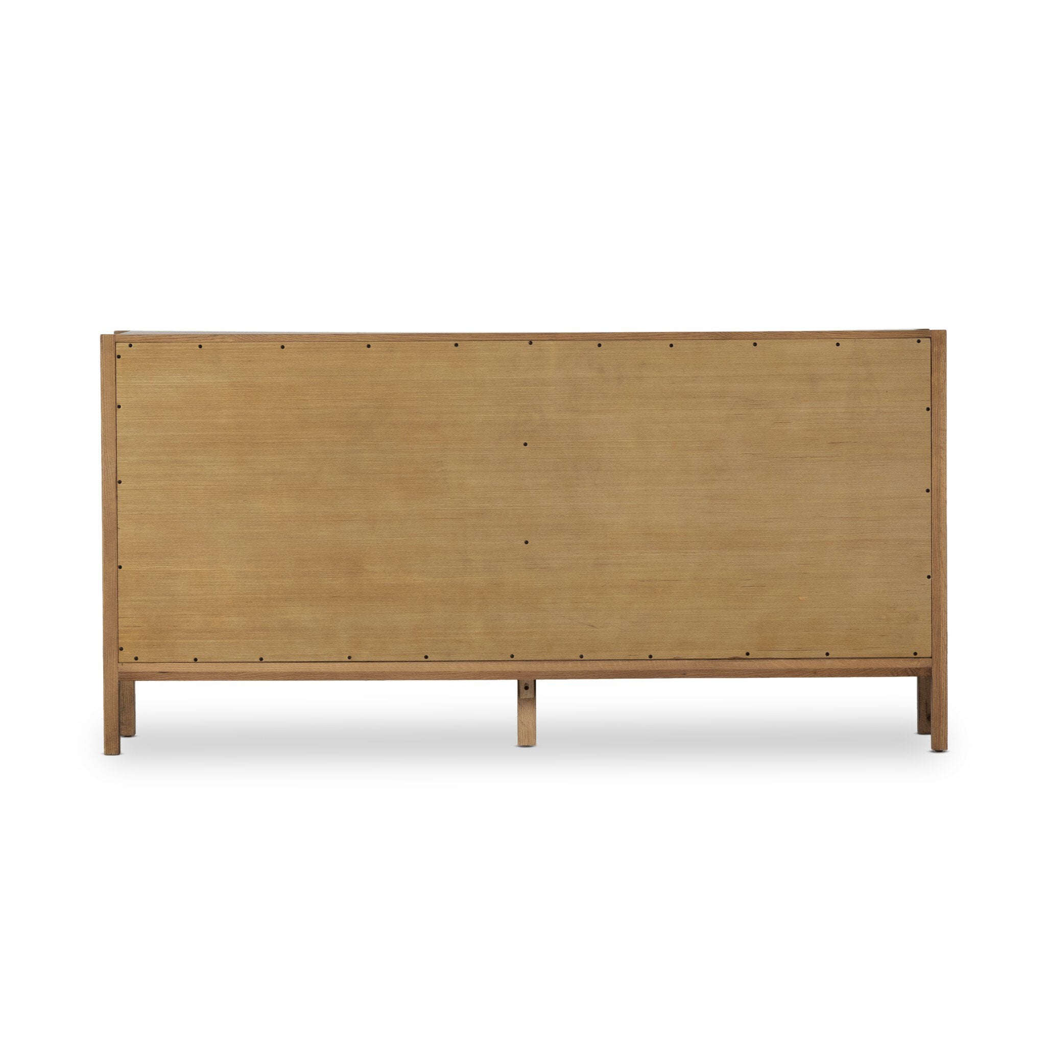 Wooden dresser with a minimalist design on a white background