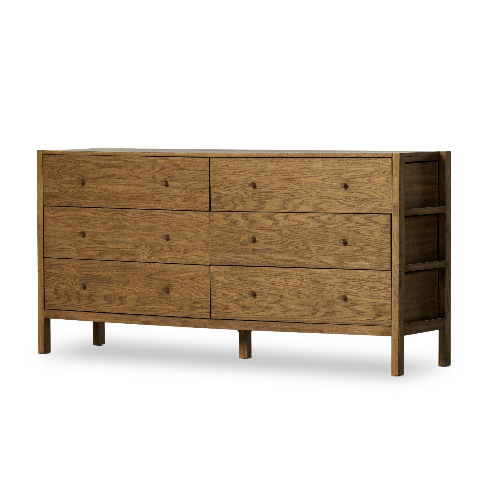 Wooden dresser with multiple drawers on a white background