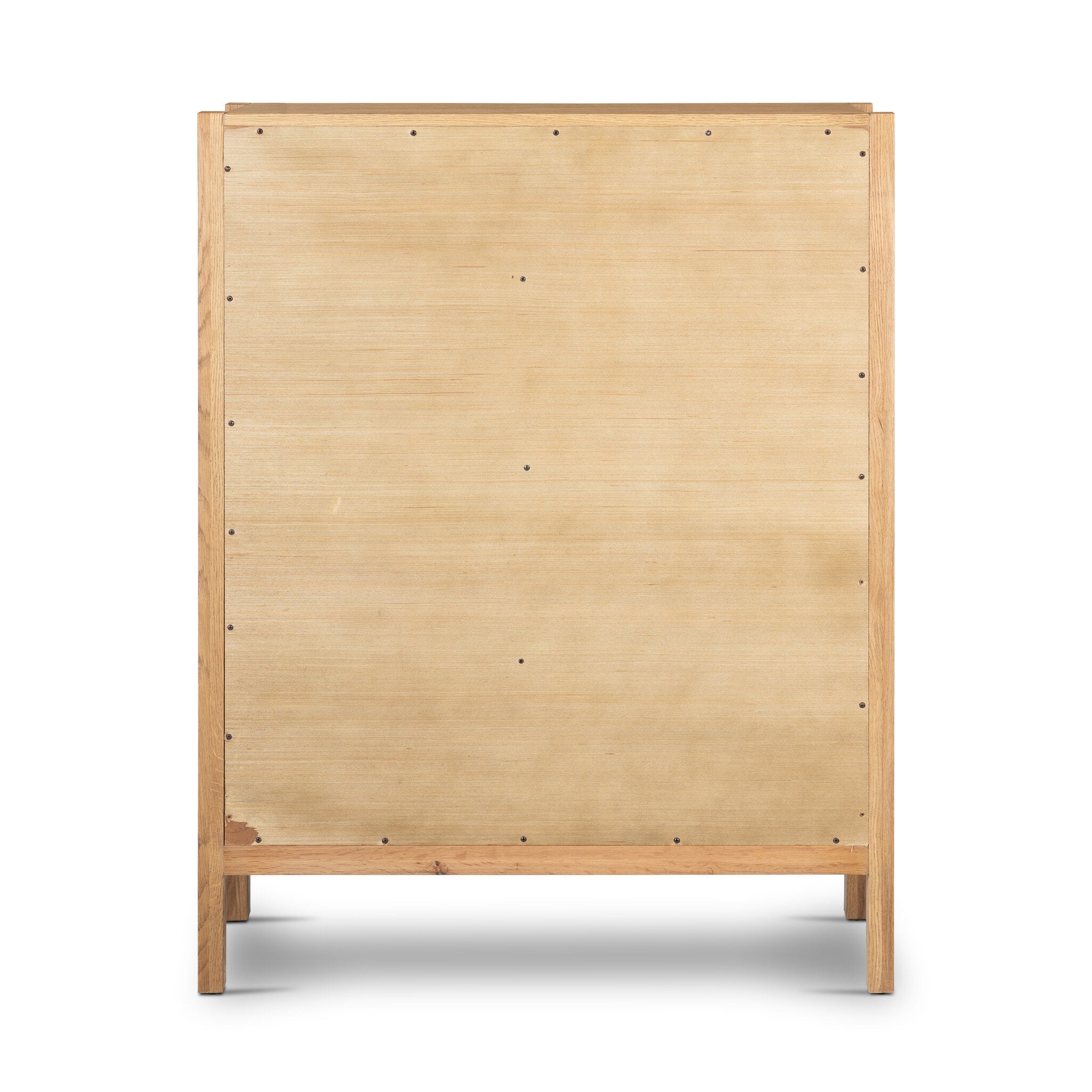 Back view of a wooden five drawer dresser