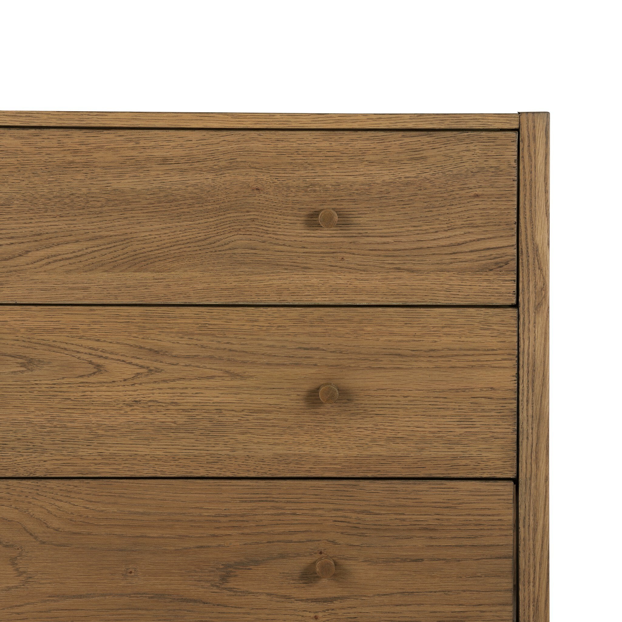 Wooden dresser with three drawers on a white background
