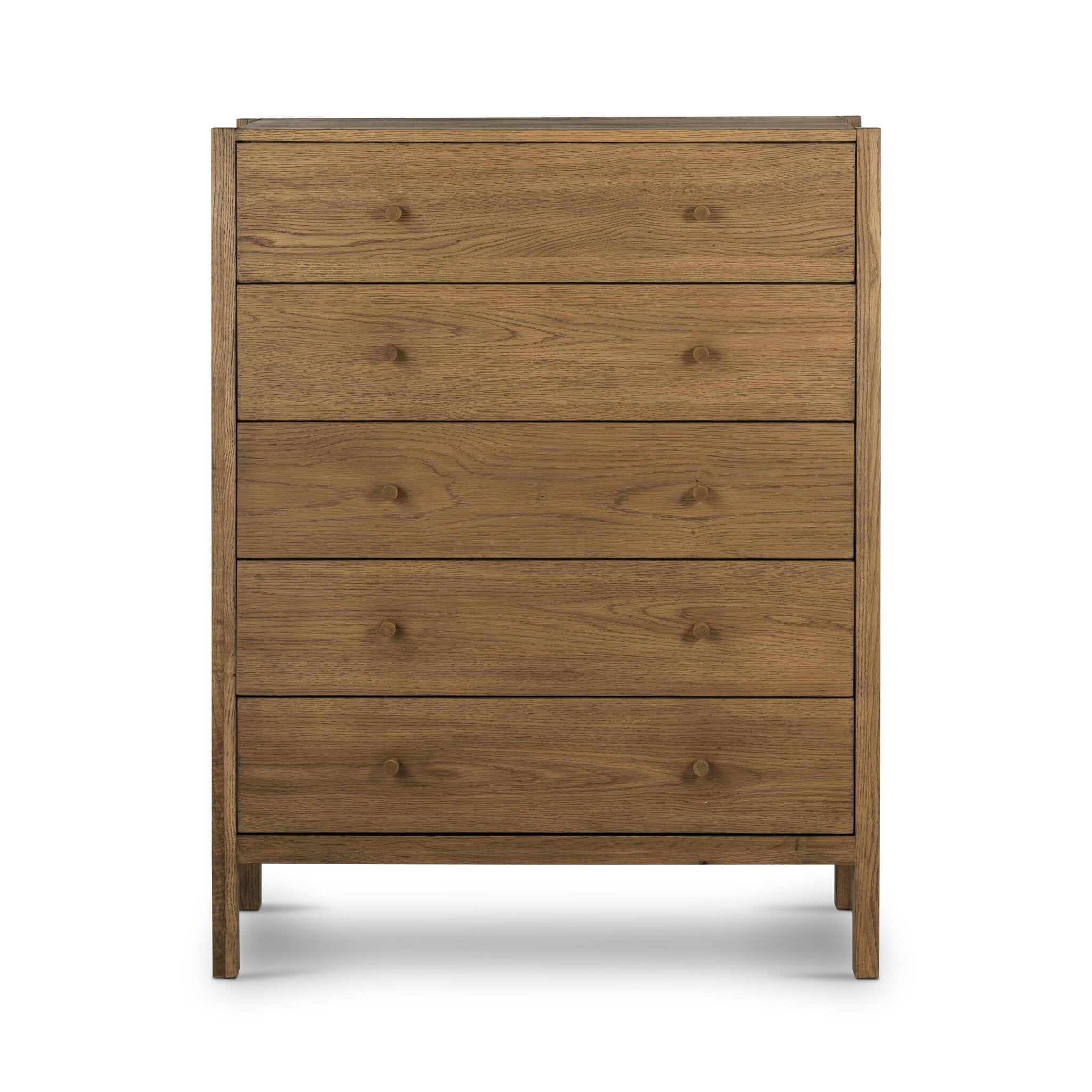 Wooden dresser with five drawers on a white background