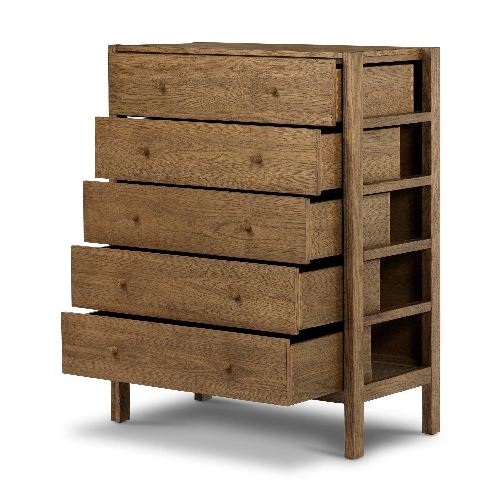 Wooden dresser with multiple drawers on a white background